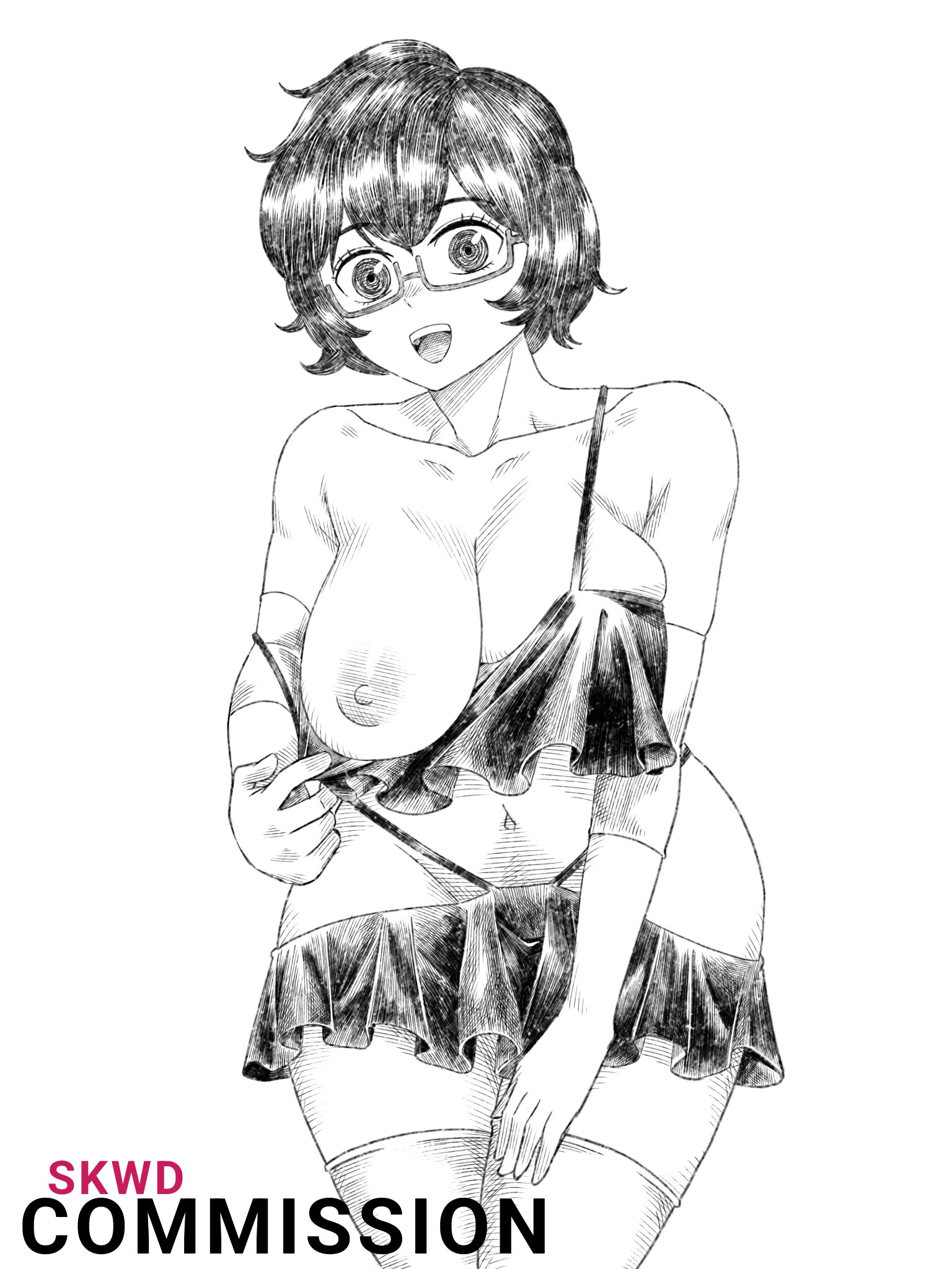 :d, 1girls, artist signature, big breasts, black clover, breasts, clothed, clothed female, commission, eyelashes, eyeliner, female, female only, frills, glasses, hi res, lingerie, looking at viewer, makeup, medium hair, microskirt, miniskirt, monochrome, nipples, one breast out, sally (black clover), shirt down, showing breasts, skirt, skwd, stockings, thick thighs, wide hips