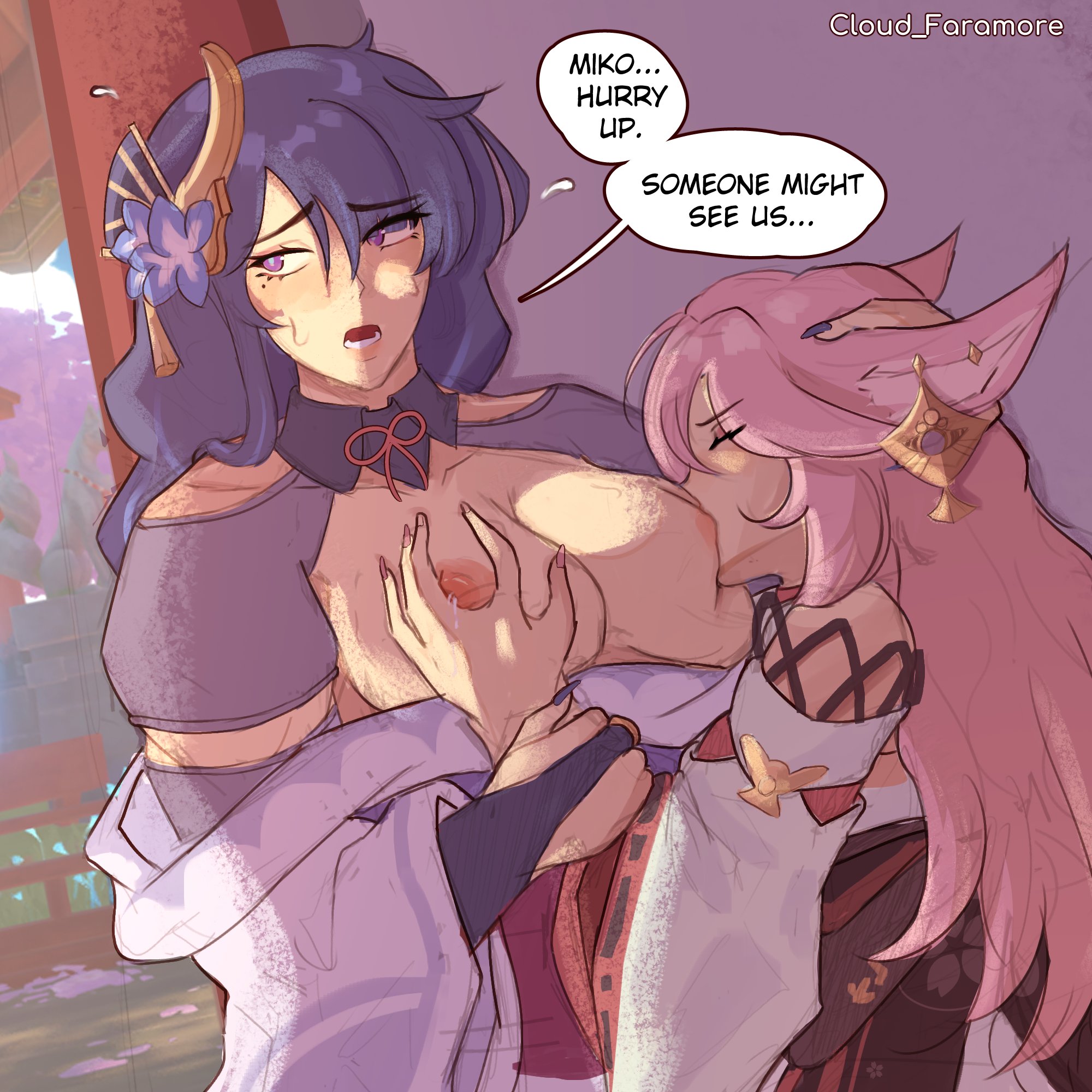 2girls, breast grab, breast sucking, breasts, breasts out, busty, cloud faramore, english text, female, female only, fox ears, fox girl, genshin impact, kimono, lactation, large breasts, nipples, pink hair, purple eyes, purple hair, raiden shogun, sucking nipples, yae miko, yuri