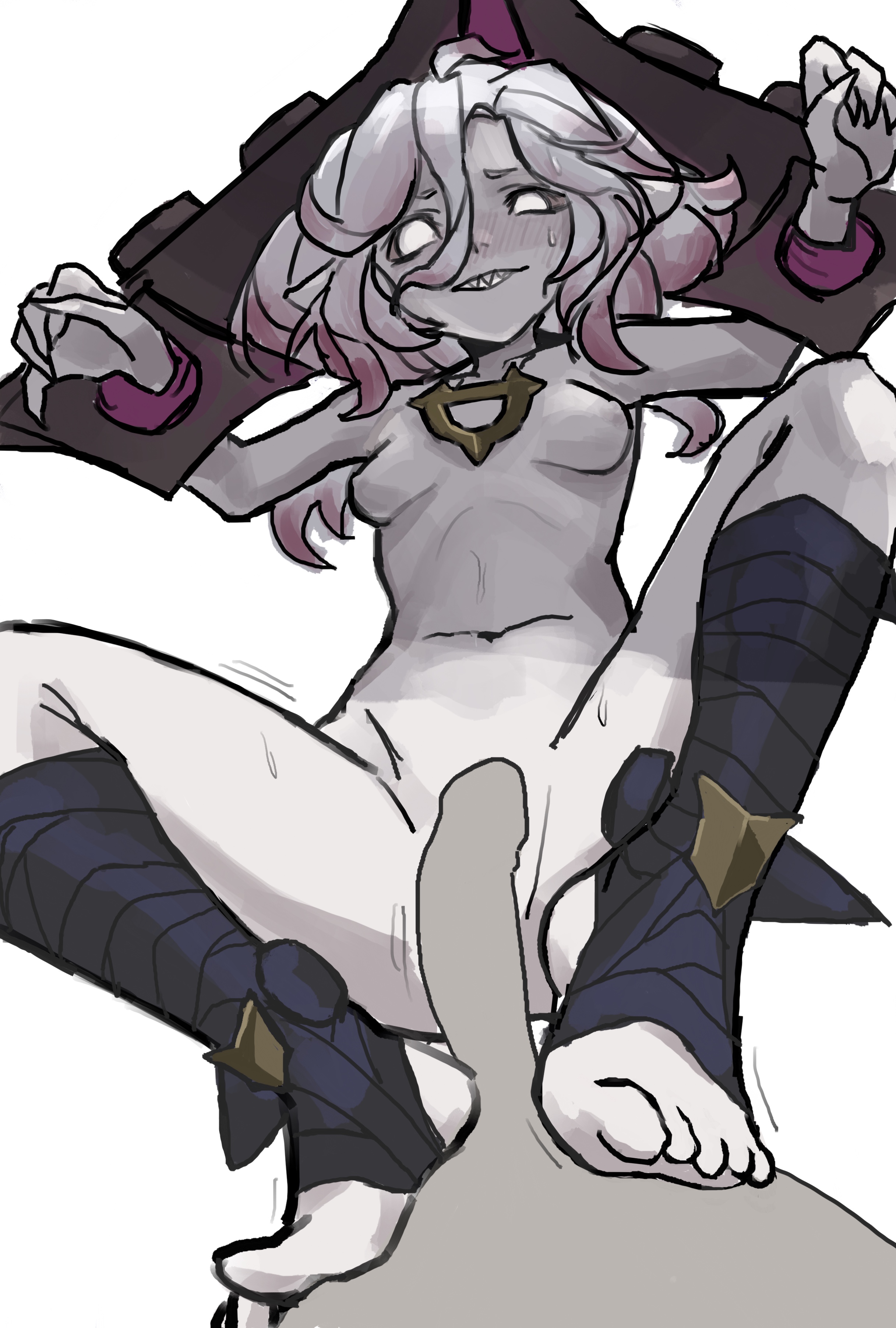 1girls, blank eyes, breasts, briar (league of legends), feet, female, female focus, foot fetish, footjob, grey skin, league of legends, light hair, male, notfordenial, nude, penis, sharp teeth, small breasts, solo focus, stirrup legwear, tagme, toeless legwear