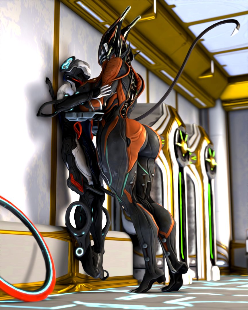 1boy 1girls 3d_(artwork) ac_3_0_wisp ass breasts dat_ass dominant_female hips huge_ass huge_breasts large_ass large_breasts larger_female nezha_(warframe) smaller_male straight tail thick_thighs thighs valkyr_(warframe) warframe wide_hips