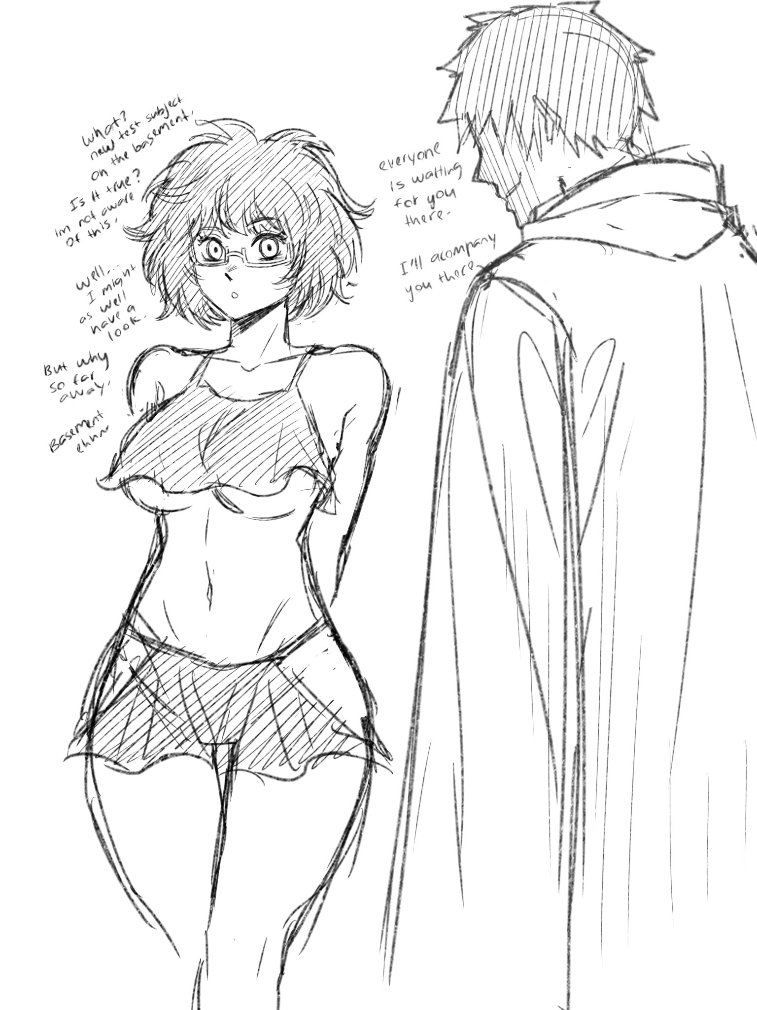 1boy, 1girls, ass, big ass, black clover, black hair, breasts, clothed, clothed female, comic, crop top, crop top overhang, english text, female, glasses, hip vent, light skin, light-skinned female, male, medium breasts, minishorts, sally (black clover), skwd, thick thighs, underboob