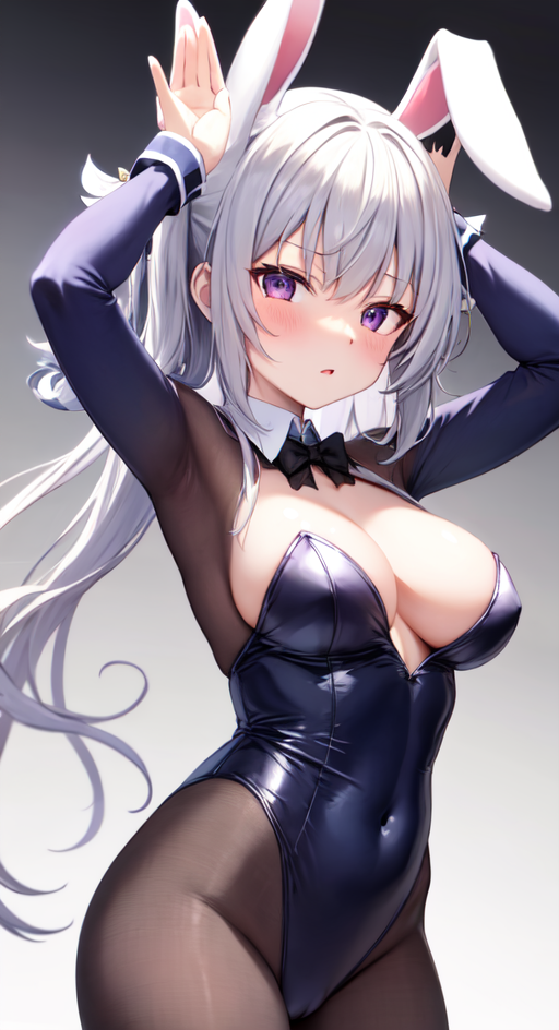 ai_generated arms_up blush bunny_ears bunny_girl bunny_pose bunnysuit medium_breasts purple_eyes white_hair