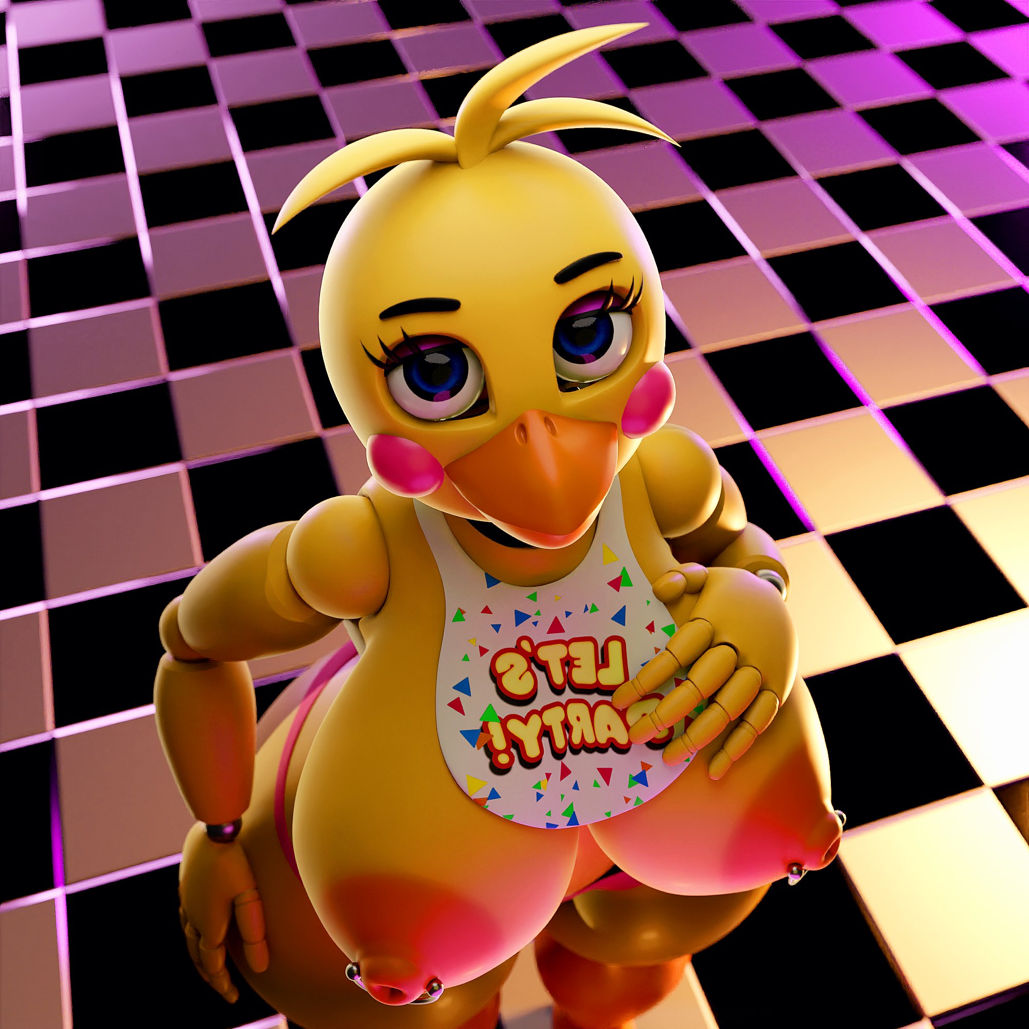 beak, electrotoyy, female, five nights at freddy's, five nights at freddy's 2, from above, looking at viewer, runaboo chica, solo, toy chica (fnaf)