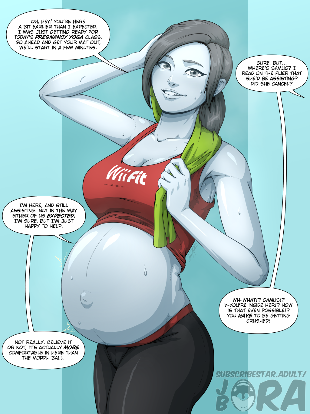 1girls belly big_belly big_breasts breasts cameltoe cleavage dialogue female jorabora outie_navel same_size_vore samus_aran sweat text thick_thighs vore wii_fit_trainer