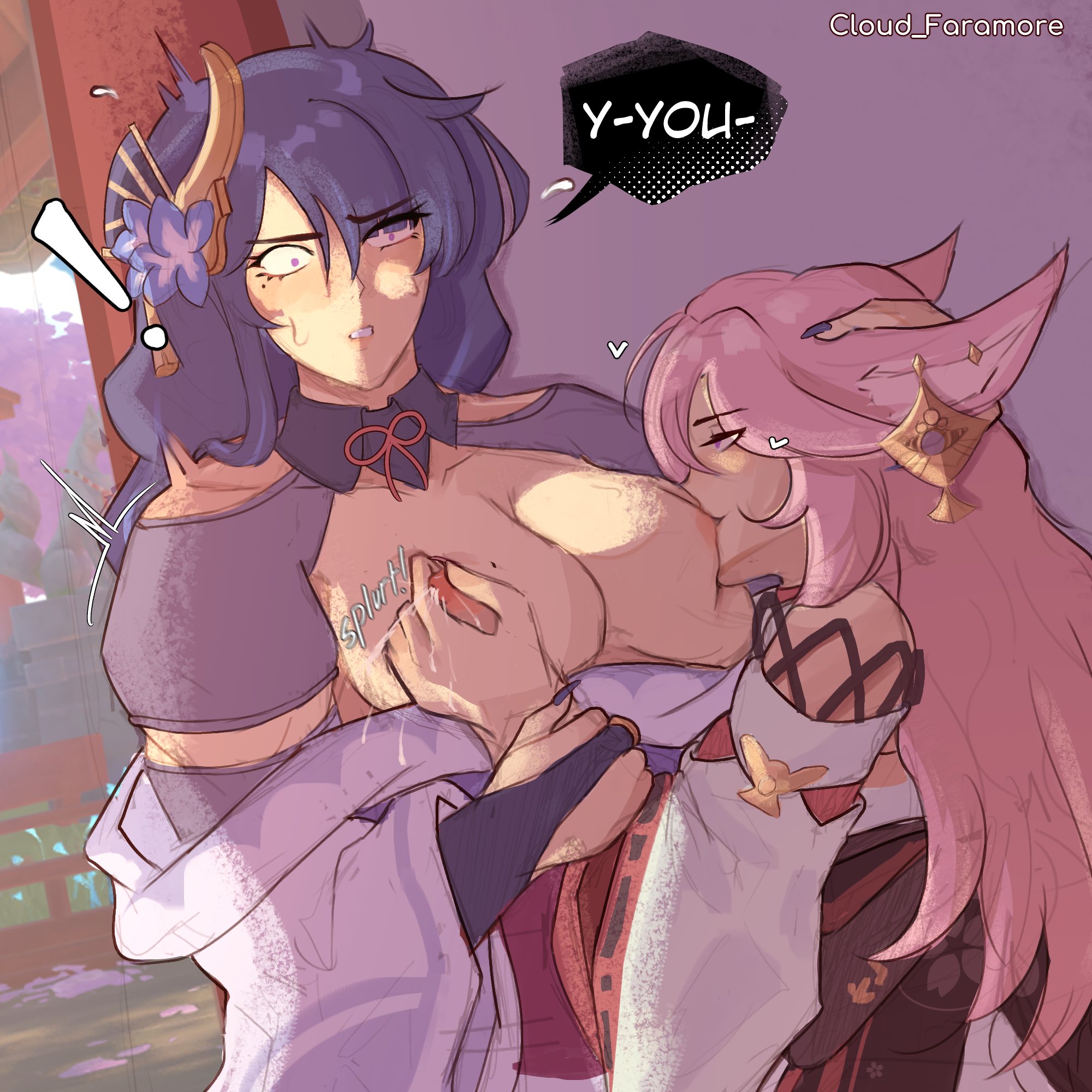 2girls, breast grab, breast sucking, breasts, breasts out, busty, cloud faramore, english text, female, female only, fox ears, fox girl, genshin impact, kimono, lactation, large breasts, milk, milking, nipple pinch, nipple tweak, nipples, pink hair, purple eyes, purple hair, raiden shogun, smirk, sucking nipples, yae miko, yuri