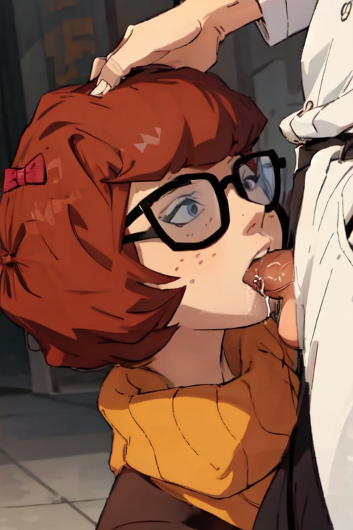 ai generated, aigeneratedp, blowjob, cum in mouth, female, glasses, male, male focus, nerdy female, scooby-doo, velma dinkley
