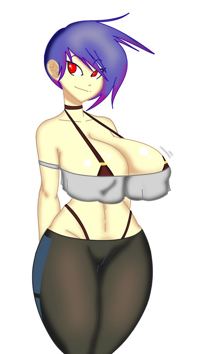 1girls blue_hair bra breasts cleavage huge_breasts irck-mre looking_to_the_side multicolored_hair navel nipple_bulge panties purple_hair red_eyes reiduran short_hair smile sportswear wide_hips workout_clothes