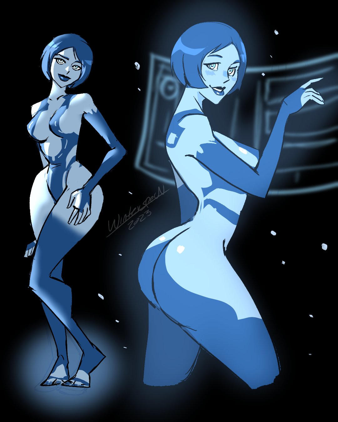 1girls 2d_(artwork) artist_request ass bell_haircut blue_body blue_eyes blue_hair blush booty breasts child_bearing_hips cortana female halo_(series) happy_female hips large_ass looking_at_viewer medium_breasts medium_hair round_ass sci-fi texd41 thick_thighs thighs wide_hips