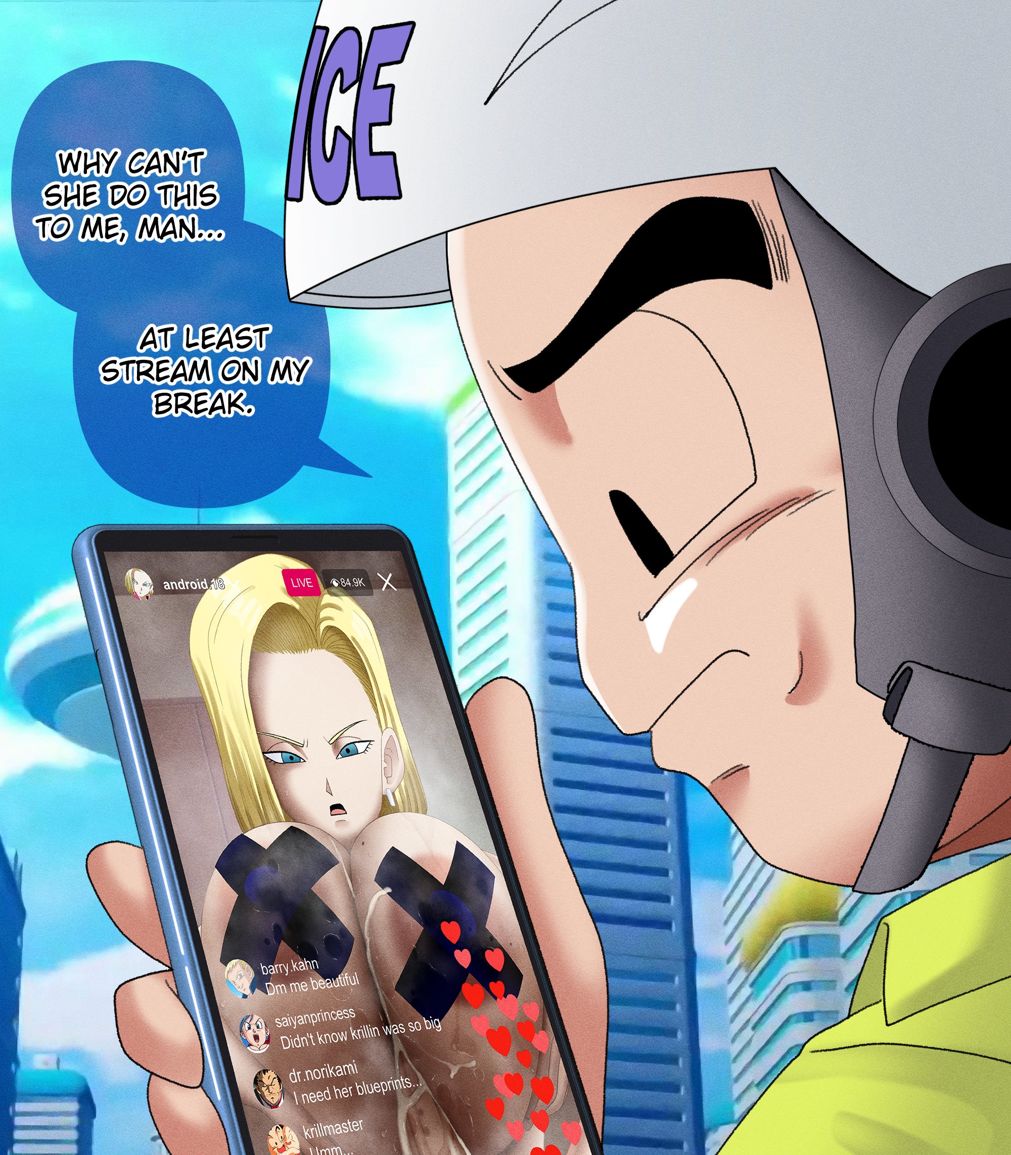 1girls, 2boys, android 18, areolae, blonde hair, blue eyes, bodily fluids, boobjob, breasts, cheating, cheating wife, cuck, cuckold, cum, cum drip, cum on breasts, dialogue, doompypomp, dragon ball, dragon ball z, earrings, eyebrows, female, helmet, huge breasts, krillin, kuririn, large breasts, live, livestream, looking at phone, looking down, male, milf, nipples, paizuri, phone, phone screen, speech bubble, tape, text, text bubble