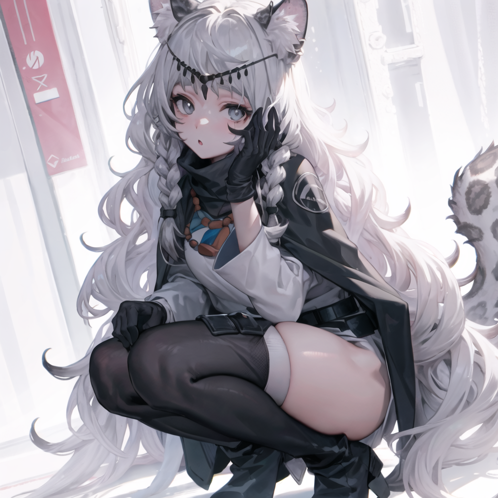 1girls ai_generated animal_ears arknights cat_ears catgirl female female_only grey_eyes long_hair pramanix_(arknights) solo solo_female thighs white_hair