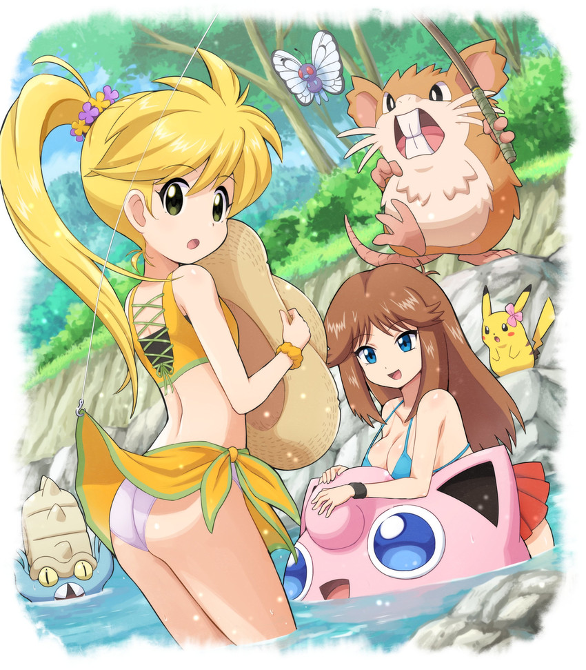 2girls antennae ass being_watched big_eyes bikini breasts butterfly butterfree digital_media_(artwork) eyes female feral flower flower_in_hair fossil_pokémon girly green_(pokemon) hat jigglypuff leaf_(pokemon) looking_at_viewer male omastar open_mouth panties pikachu pokemoa pokemon pokemon_(species) pokemon_adventures raticate skirt skirt_lift smile thighs upskirt water wings yellow_(pokemon)