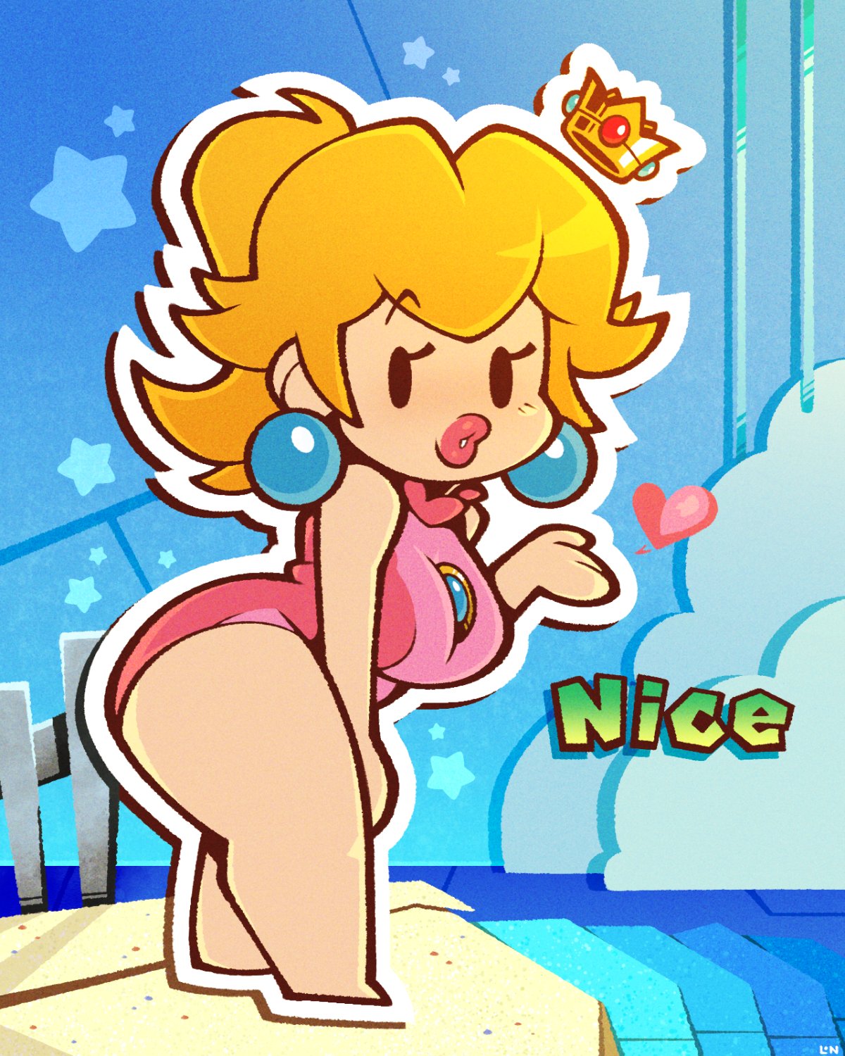 1girls bathing_suit beach big_ass big_butt big_earrings blonde_female blonde_hair blonde_hair_female breasts chibi clothed clothing crown earings female female_only full_body heart kiss_mark kissing legendofnerd looking_at_viewer mario_(series) mario_and_sonic_at_the_olympic_games nintendo outdoors outside paper paper_mario paper_peach pink_clothing ponytail princess princess_peach simple_face solo standing text thick thick_ass thick_hips thick_legs thick_thighs thighs tied_hair