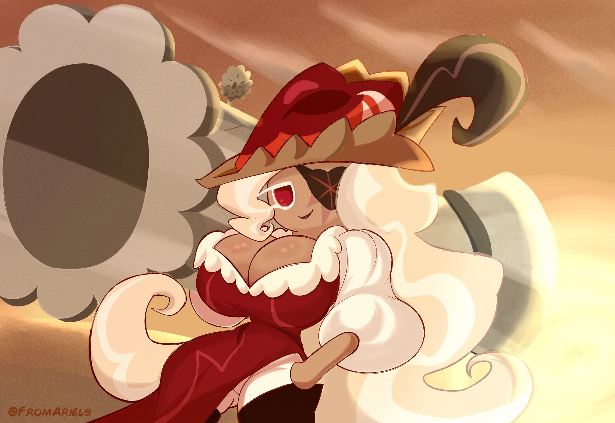 2023, artist name, big breasts, breasts, cannon, clothed, cloudy sky, cookie run, eyepatch, feathers, female, female only, fromariels, gilf, hat, long hair, red eyes, scar, solo, tagme, tarte tatin cookie, weapon, white hair
