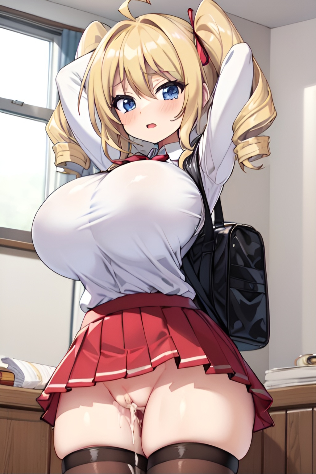 ai_generated blonde_hair cum_in_pussy fishnet_stockings huge_breasts large_breasts pigtails ravel_phenex school_uniform schoolgirl skirt stockings