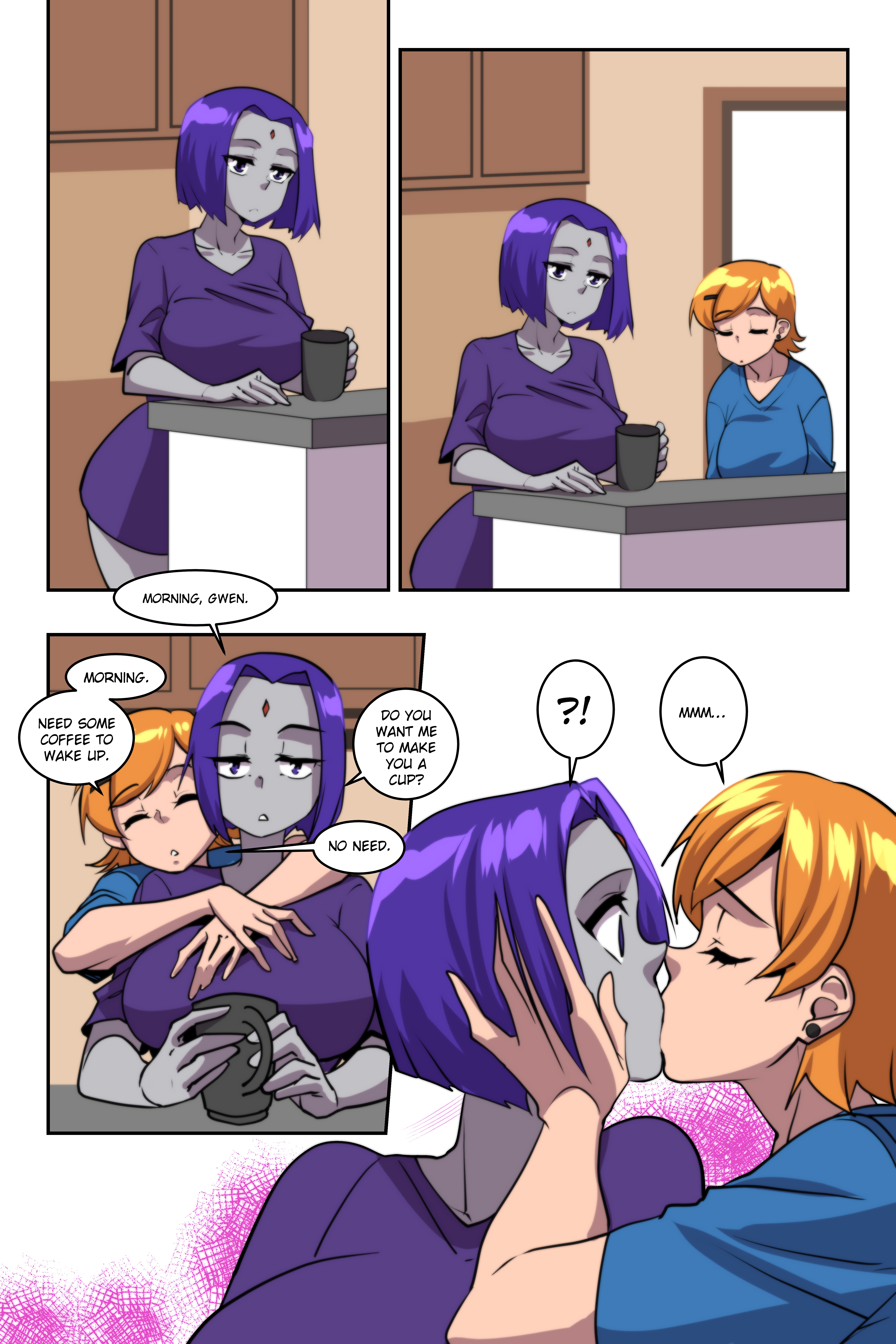 2girls, aged up, aya yanagisawa, ben 10, big breasts, bottomless, breasts, coffee, coffee mug, comic, comic page, crossover, dc, dc comics, dialogue, english text, female, female only, grey skin, gwen tennyson, hugging from behind, kissing, light skin, light-skinned female, morning, multiple females, multiple girls, orange hair, purple hair, raven (dc), short hair, speech bubble, t-shirt, t-shirt only, teen titans, text, tired, yuri