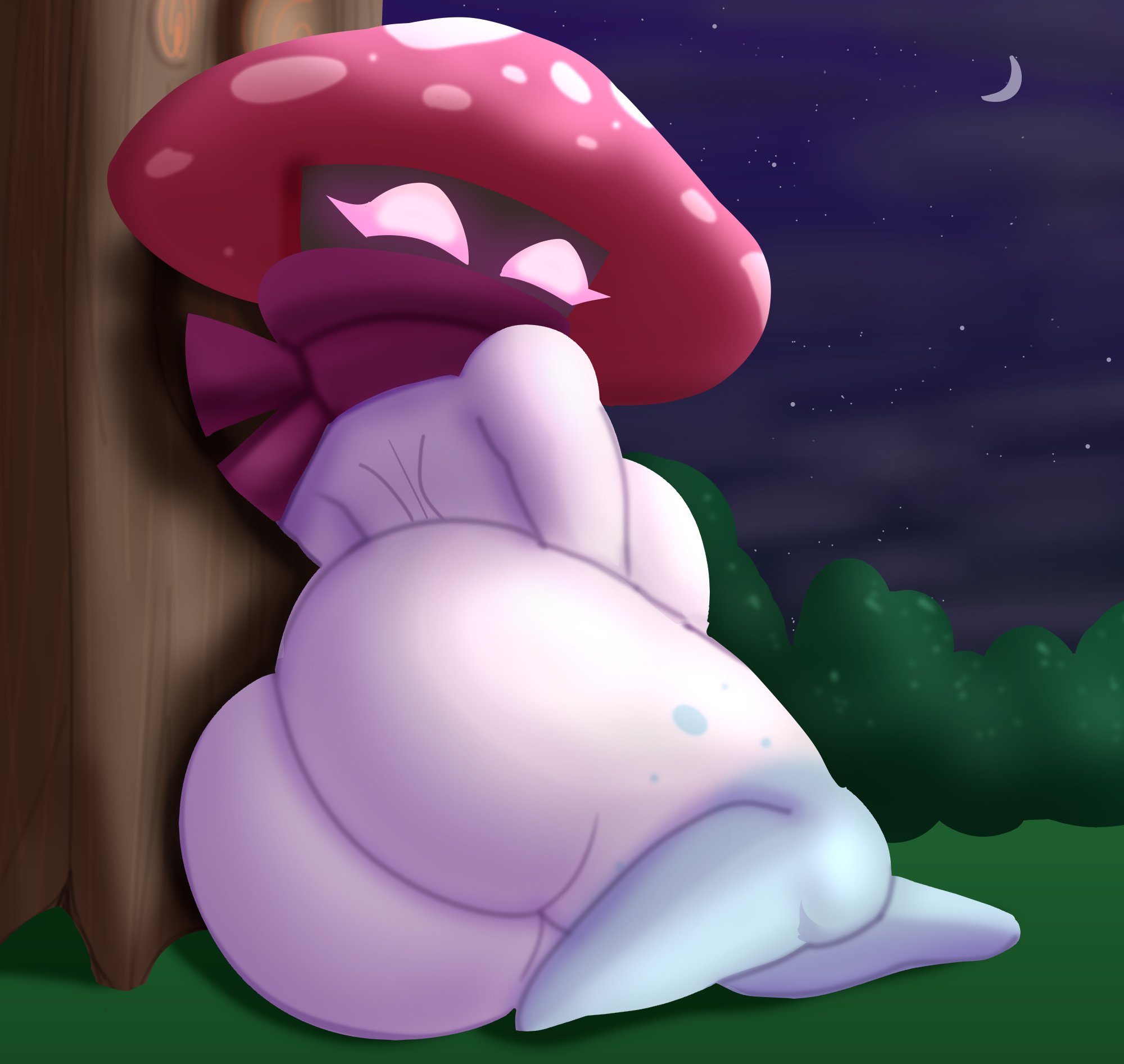 1girl, 1girls, ass, ass focus, backboob, breasts, crossed legs, electronic arts, female, female focus, female only, fungy, happy, looking at viewer, looking back, mushroom, night, night sky, nightcap (pvz:bfn), nightcap (pvz), nude, plants vs zombies, plants vs zombies: battle for neighborville, popcap games, solo, solo female, solo focus, tagme, video games