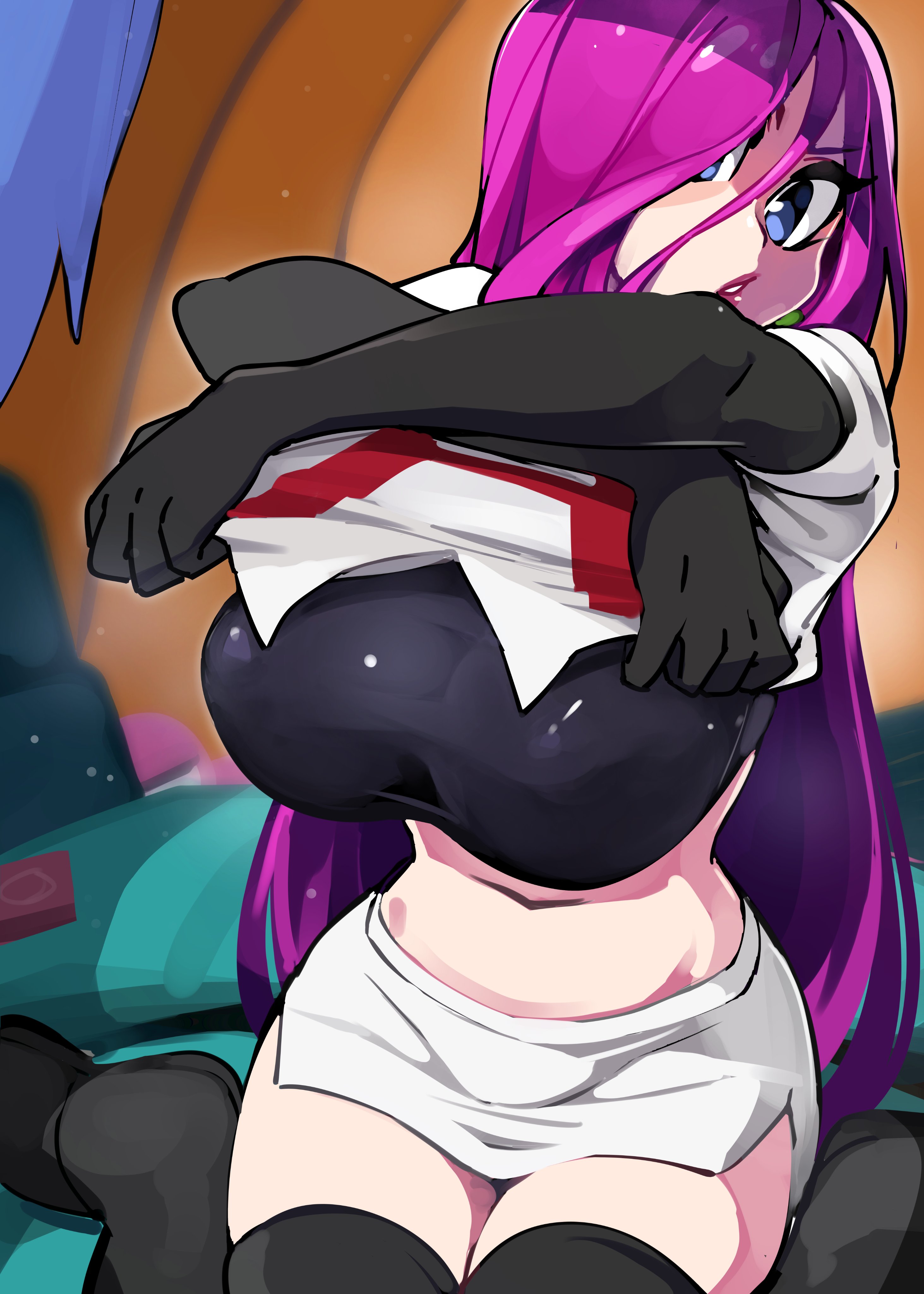 1girls, absurd res, big breasts, blue eyes, bongfillstudent, bongftah, breasts, clothing, female, female only, hair down, hair over one eye, james (pokemon), jessie (pokemon), kneeling, long hair, looking at viewer, loose hair, nintendo, pink hair, pokemon, pokemon (anime), red lipstick, solo, team rocket, undressing