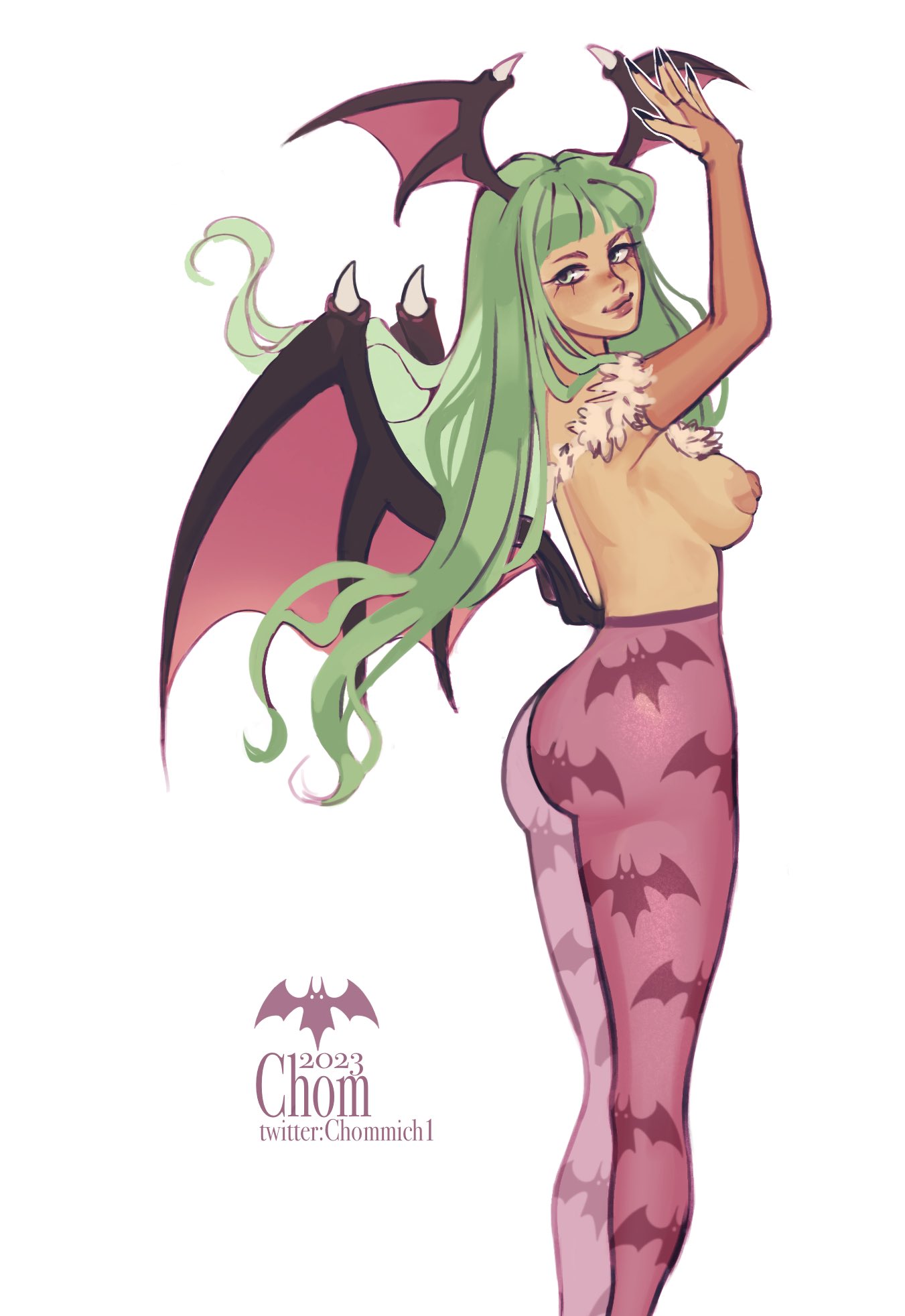 1girls ass bangs bat bat_wings big_areola big_ass big_breasts breasts chommich clothing darkstalkers demon_horns demon_wings feathers gloves green_hair leggings light_skin long_hair looking_back morrigan_aensland slim_waist small_breasts succubus wings