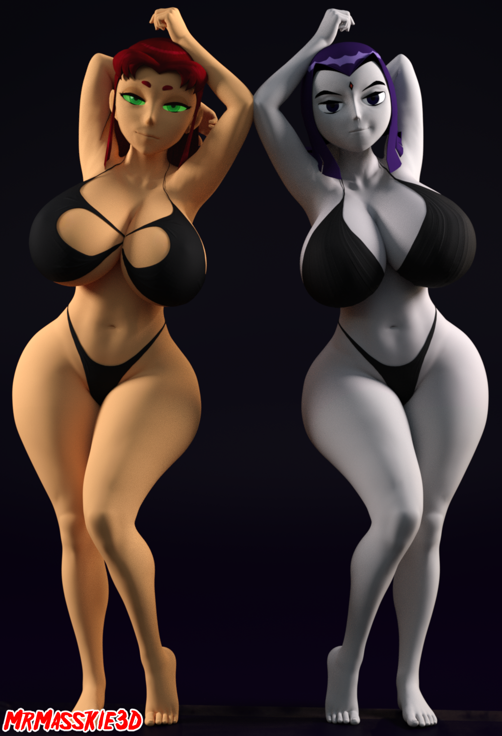 2girls 3d 3d_(artwork) alien alien_girl big_breasts bikini breasts curvaceous curvy curvy_body curvy_figure dc dc_comics female female_only green_eyes huge_breasts long_hair long_hair_female looking_at_viewer mrmasskie multiple_girls purple_eyes purple_hair raven_(dc) red_hair short_hair short_hair_female starfire teen_titans