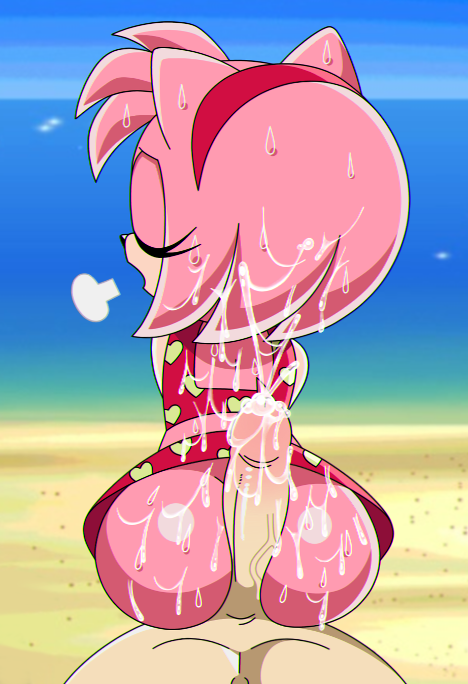 1boy, 1girls, alternate version available, amy rose, ass, assjob, beach, buttjob, closed eyes, cum, cum on back, eyelashes, female, furry, green eyes, hedgehog, human, human on anthro, interspecies, looking at viewer, looking back, male, no panties, pink body, pov, pov eye contact, sonic (series), sonic the hedgehog (series), sonic x, sweat, sweating, swimsuit