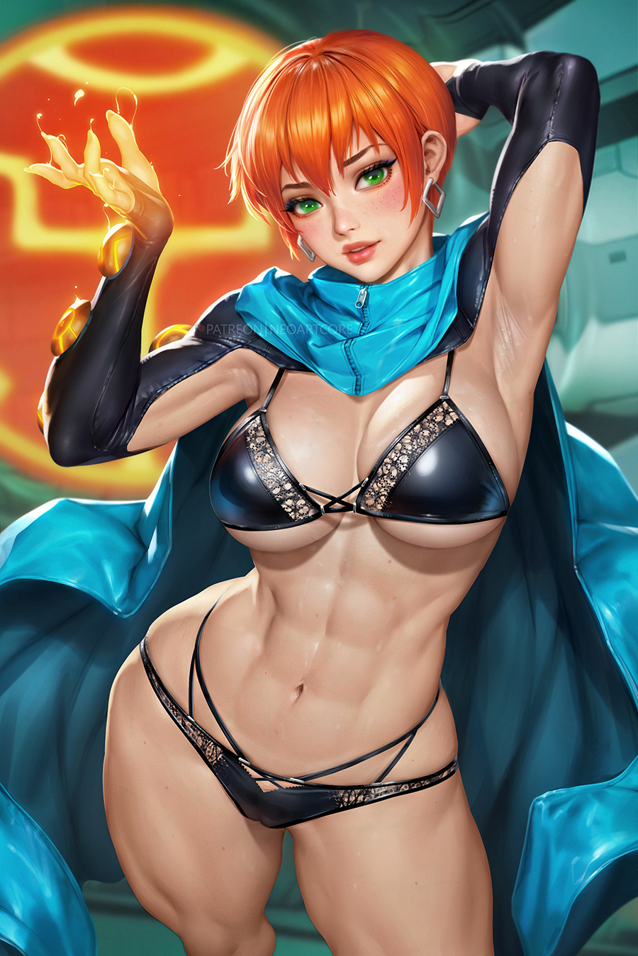 abs adult alternate_version_available arm_behind_head armpits ben_10 big_breasts blue_cloak blurry blurry_background bra breasts cameltoe cartoon_network cloak earrings female fit fit_female freckles future_gwen future_gwen_(ben_10,000) green_eyes gwen_tennyson highres jewelry large_breasts lingerie neoartcore orange_hair panties patreon_username short_hair solo thick_thighs thong watermark zipper