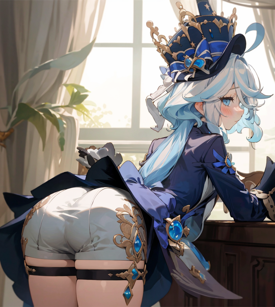 ai generated, ass, ass focus, blue eyes, blue hair, blush, dress, embarrassed, female, from behind, furina (genshin impact), genshin impact, hat, leaning, leaning forward, long hair, multicolored hair, shiny, shiny hair, shiny skin, short shorts, shorts, smile, solo, thigh strap, two-tone hair, very long hair, white hair