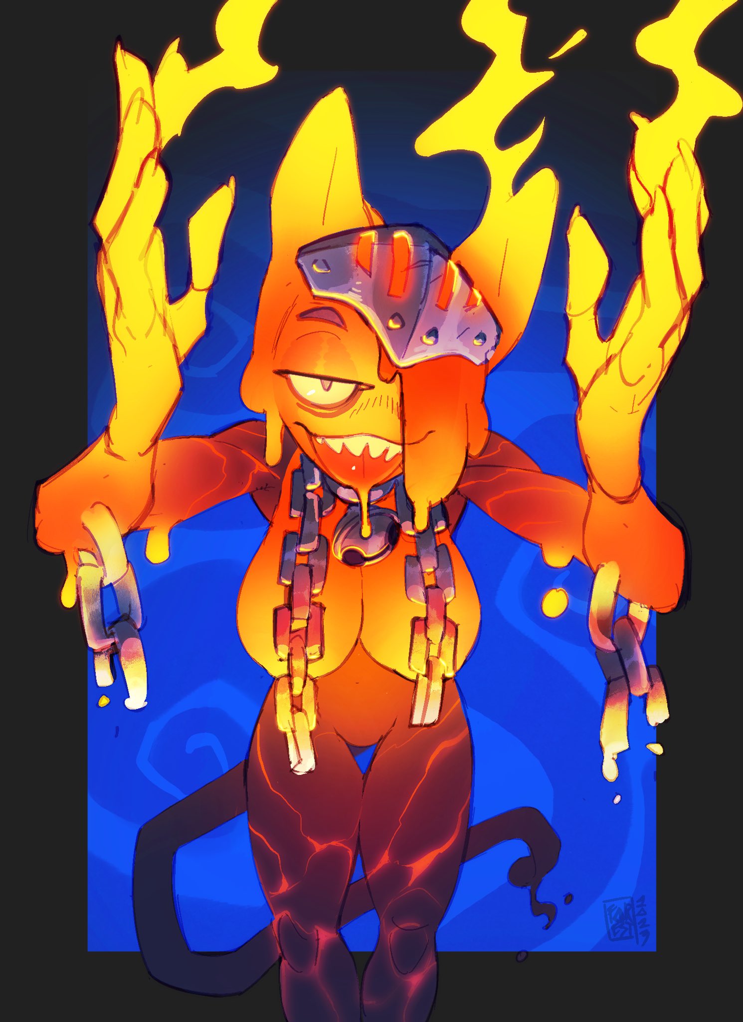 chained chained_up chains fire fire_girl fire_hair foresttherotten glowing glowing_body glowing_eyes glowing_nipples lava lava_body lava_creature lava_hair lava_humanoid orange_body orange_eyes orange_hair orange_skin red_body red_skin slime_girl slime_hair slime_monster tail