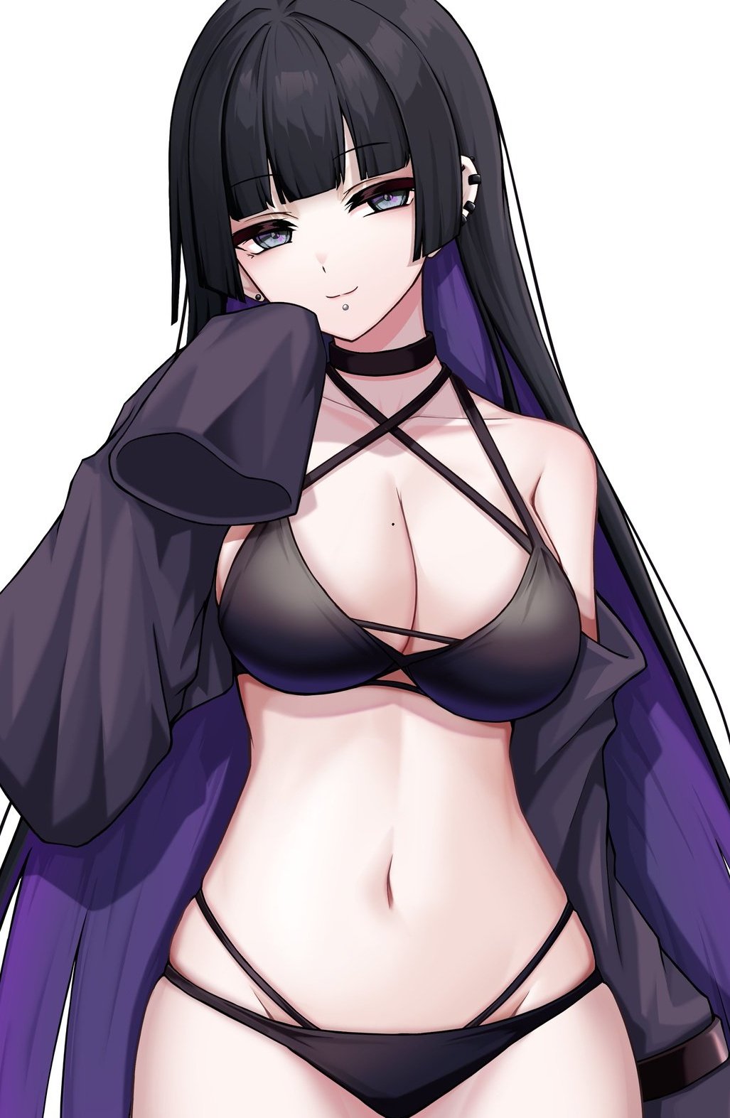 bikini, black hair, bocchi the rock!, breasts, choker, cleavage, ear piercing, female, female only, goth, goth girl, hime cut, human, large breasts, long hair, looking at viewer, mole on breast, pa-san, piercing, smile