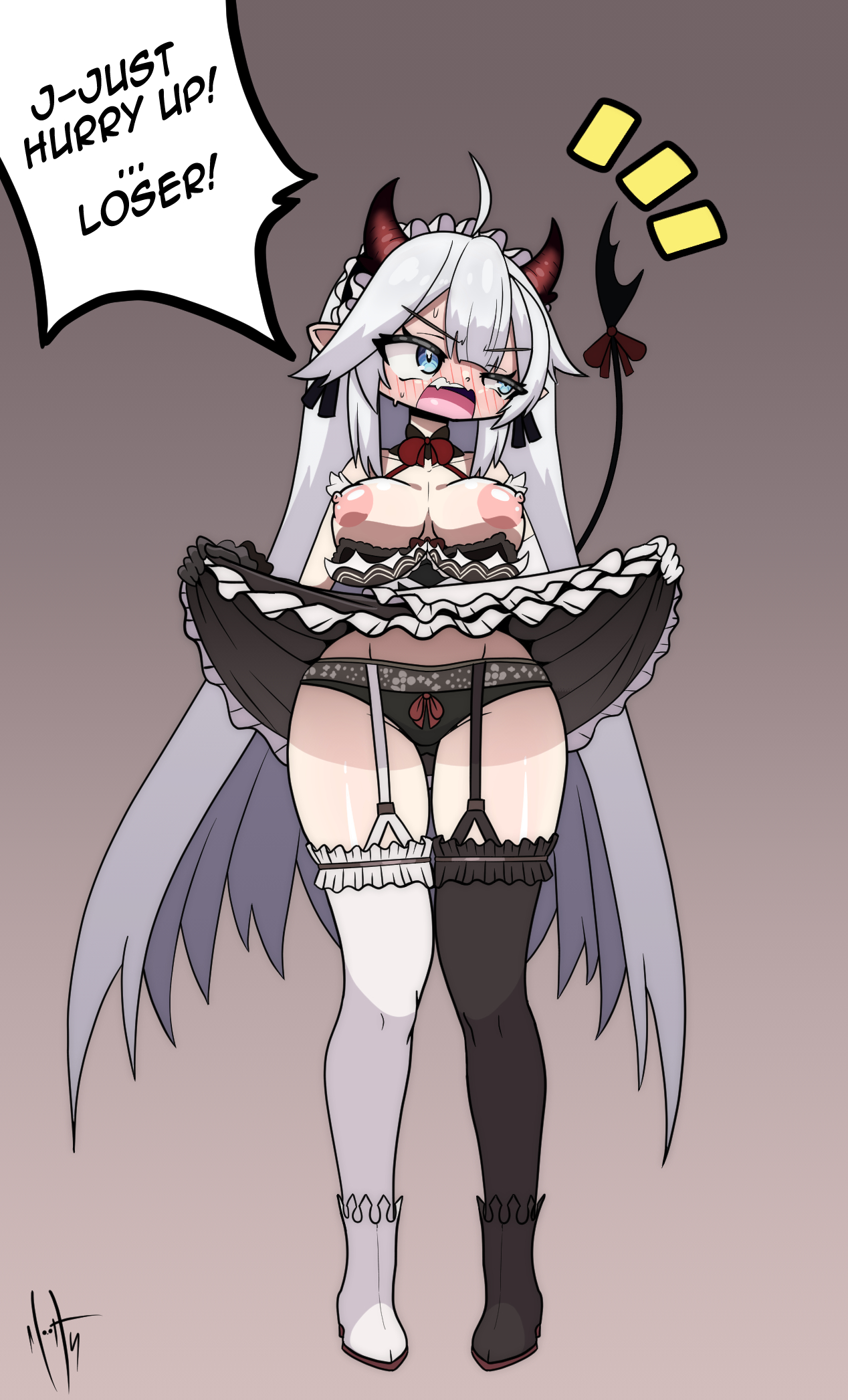 areolae, big breasts, blue eyes, blush, breasts, demon, demon girl, demon horns, demon tail, embarrassed, female, flashing, flashing panties, garter belt, garter straps, indie virtual youtuber, looking away, maid, mrmothsecret, nipples, panties, presenting, succubus, veibae, virtual youtuber, vtuber, white hair