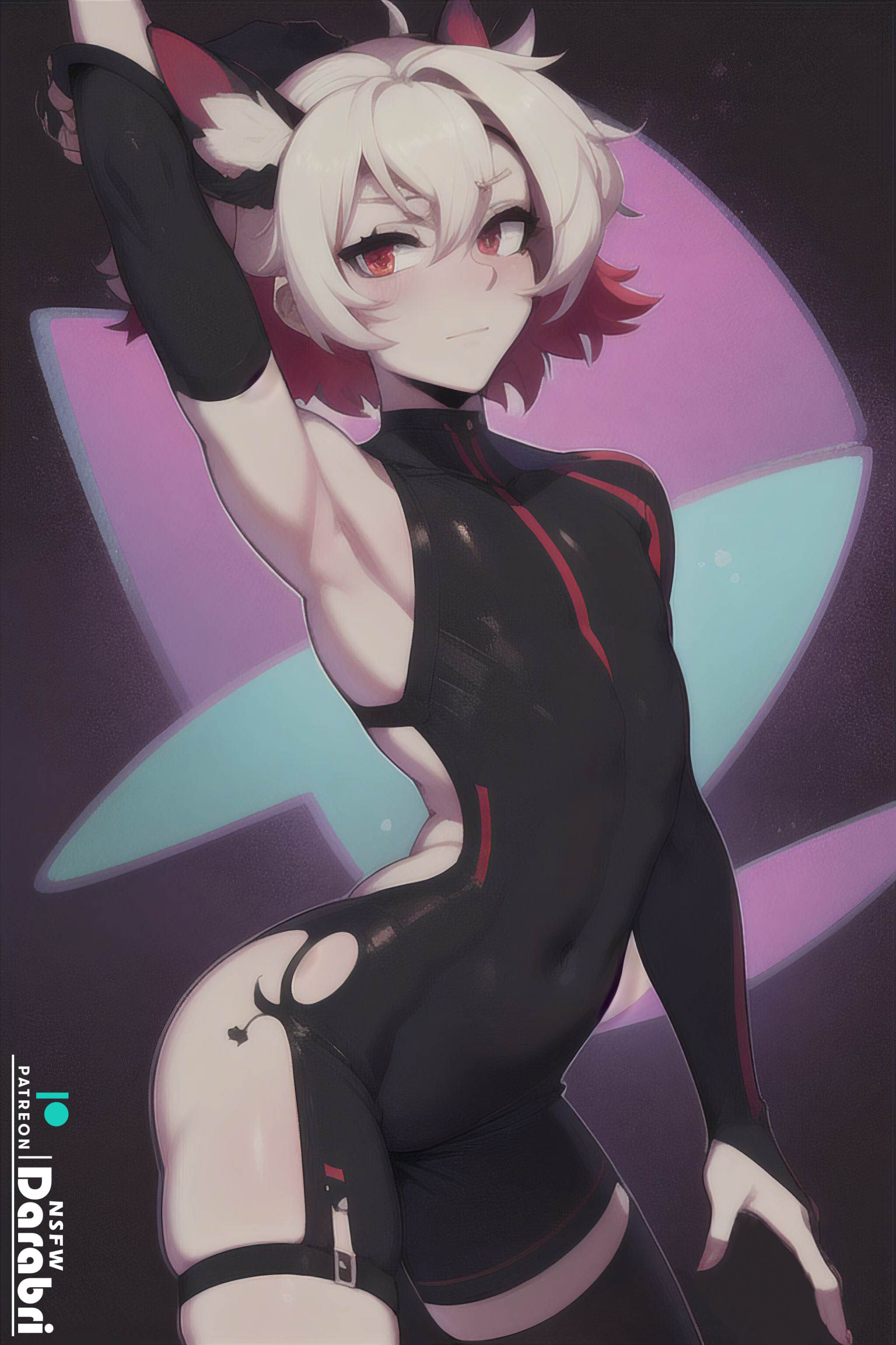 1boy, abstract background, ai generated, armpits, blush, cat ears, cute, darabri, expressionless, femboy, feminine male, girly, highres, logo, male, male only, navel, patreon, patreon logo, red eyes, red highlights, stretching, tight clothing, tight fit, tights, track suit, trap, white hair