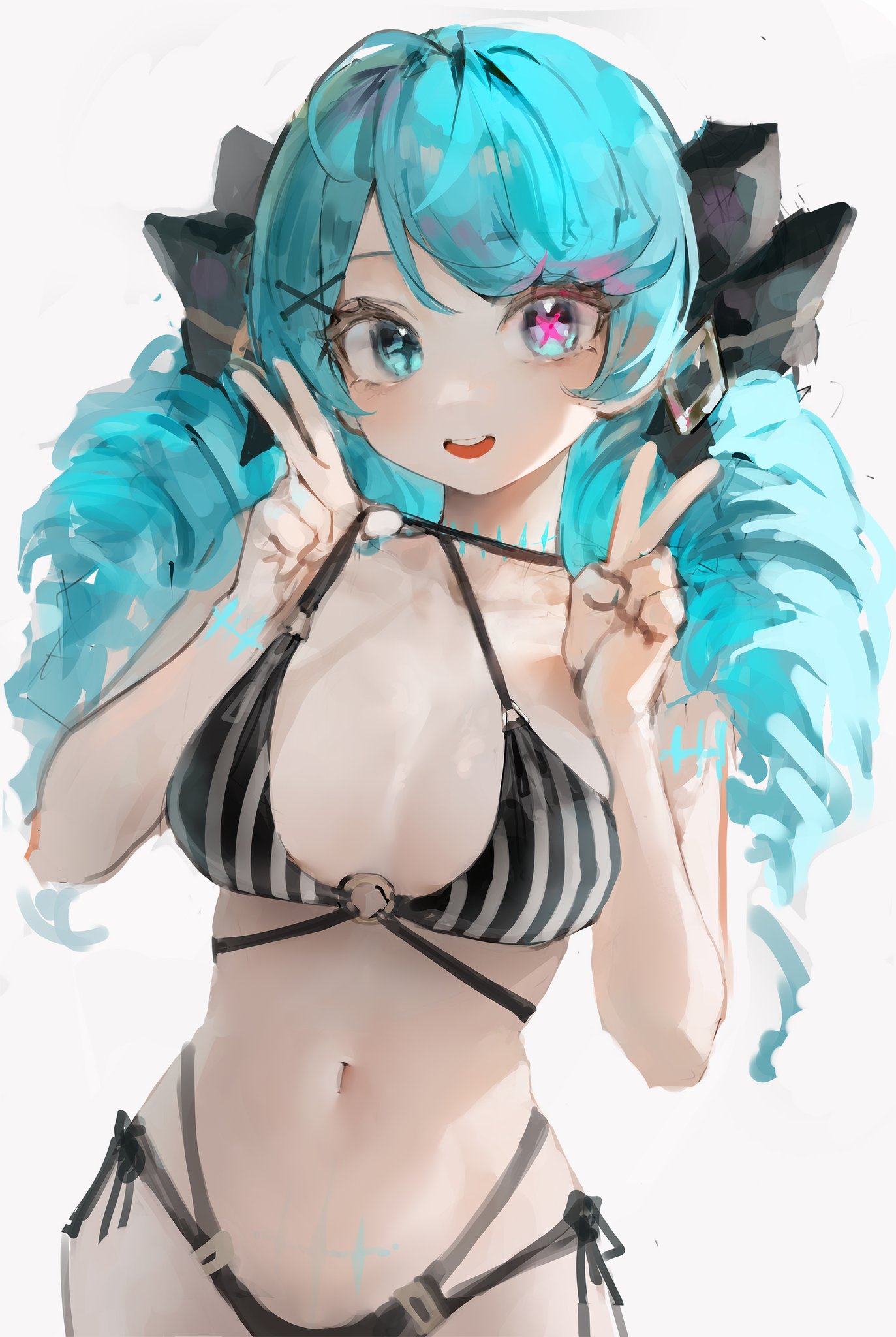 1girls, anime style, belly button, bikini, bikini bottom, bikini top, black bikini, blue eyes, blue hair, breasts, cute, cute expression, cute face, female, gwen (league of legends), happy, heterochromia, hips, league of legends, light skin, light-skinned female, peace sign, pink eyes, riot games, skinny, small waist, solo, solo female, stripes, tagme, thin, thin waist, yonminchan