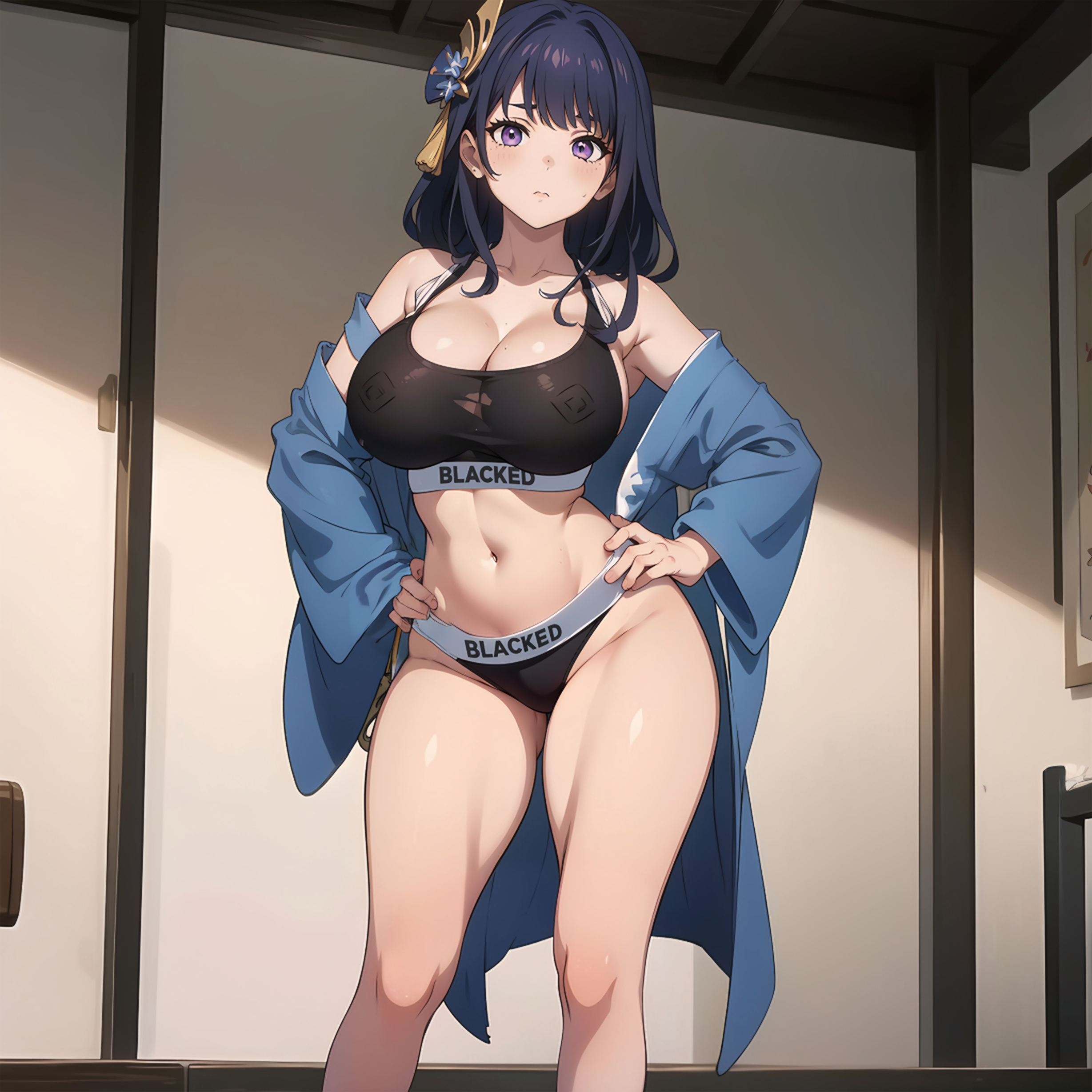 1girls, ai generated, blacked, blacked clothing, breasts, female, female focus, female only, genshin impact, huge breasts, light skin, light-skinned female, long hair, looking at viewer, raiden shogun, seductive, seductive look, solo, stable diffusion, violet hair, voluptuous, voluptuous female