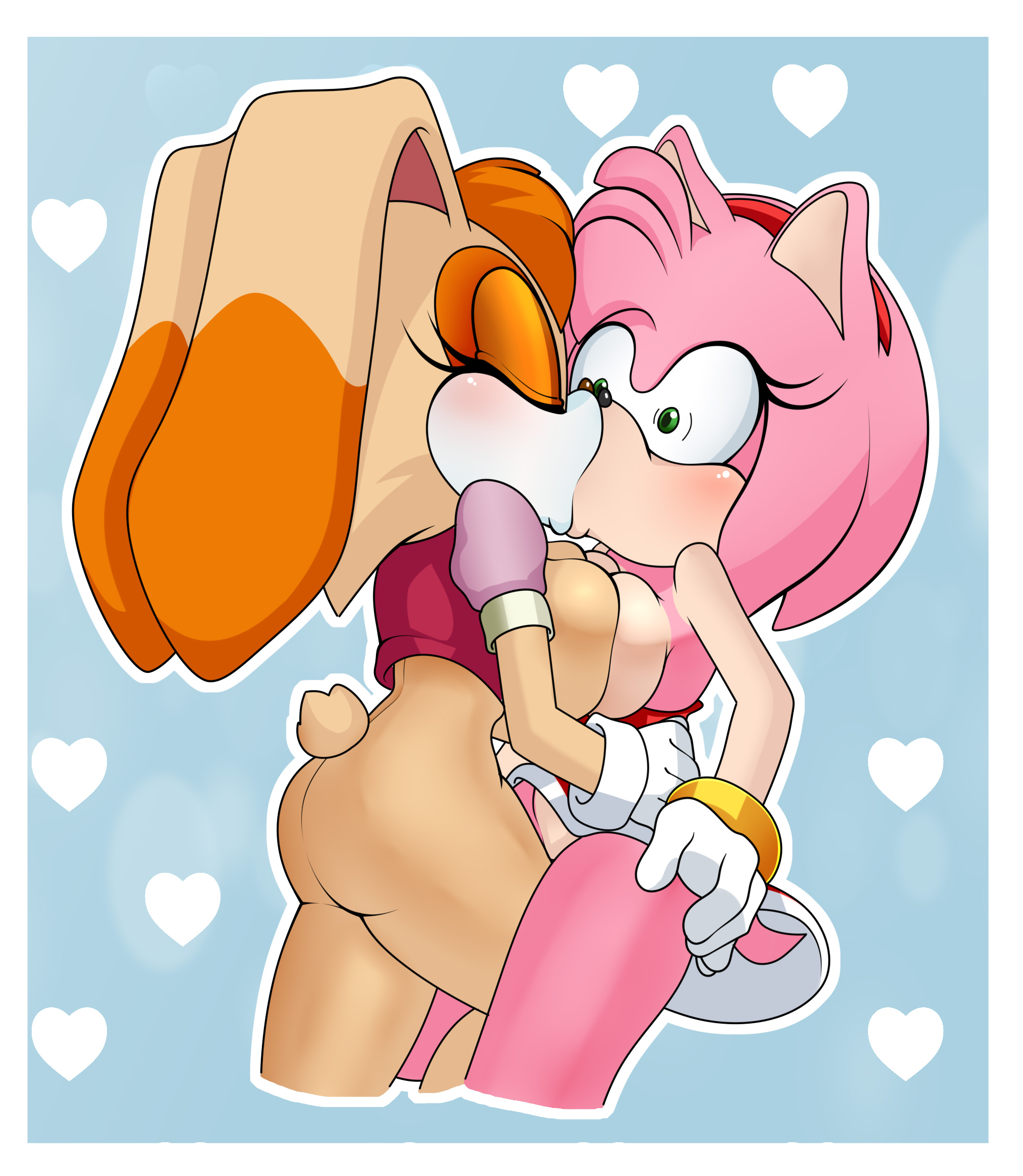 amy rose, anthro, ass, bottomless, breast press, breasts, female, female/female, hedgehog, kissing, lluanhyperzero, rabbit, rabbit ears, sonic (series), surprise, surprise kiss, surprised, tagme, tail, vanilla the rabbit, yuri