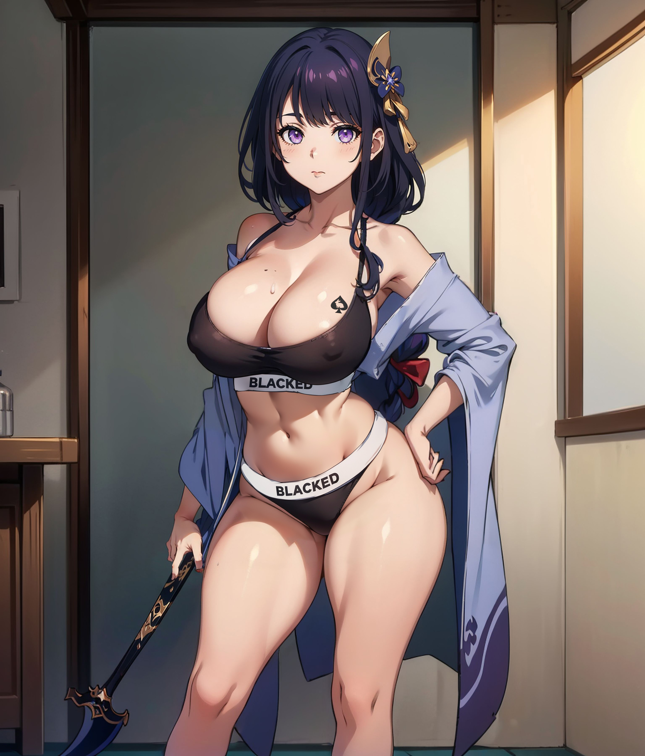 ai generated, blacked, blacked clothing, breasts, female, female focus, female only, genshin impact, hi res, huge breasts, light skin, light-skinned female, looking at viewer, raiden shogun, seductive, solo, stable diffusion, voluptuous, voluptuous female