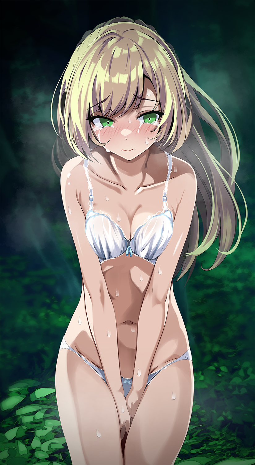 1girls, bare arms, between legs, blonde hair, bra, breasts, breasts squeezed together, cleavage, closed mouth, collarbone, covering, covering crotch, cowboy shot, crying, female, floating hair, green eyes, hand between legs, lillie (pokemon), long hair, navel, panties, pokemon, pokemon sm, ponytail, small breasts, solo, standing, sweat, tears, tsukishiro saika, underwear, underwear only, very long hair, white bra, white panties