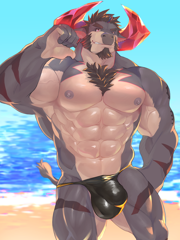 abs anthro beach body_hair bovid bovine bulge cattle chest_hair clothing detailed_bulge genital_outline horn lifewonders live_a_hero male male_only mammal muscular muscular_anthro muscular_male nipples obsidius pecs penis_outline salz_sop sand seaside solo speedo swimwear