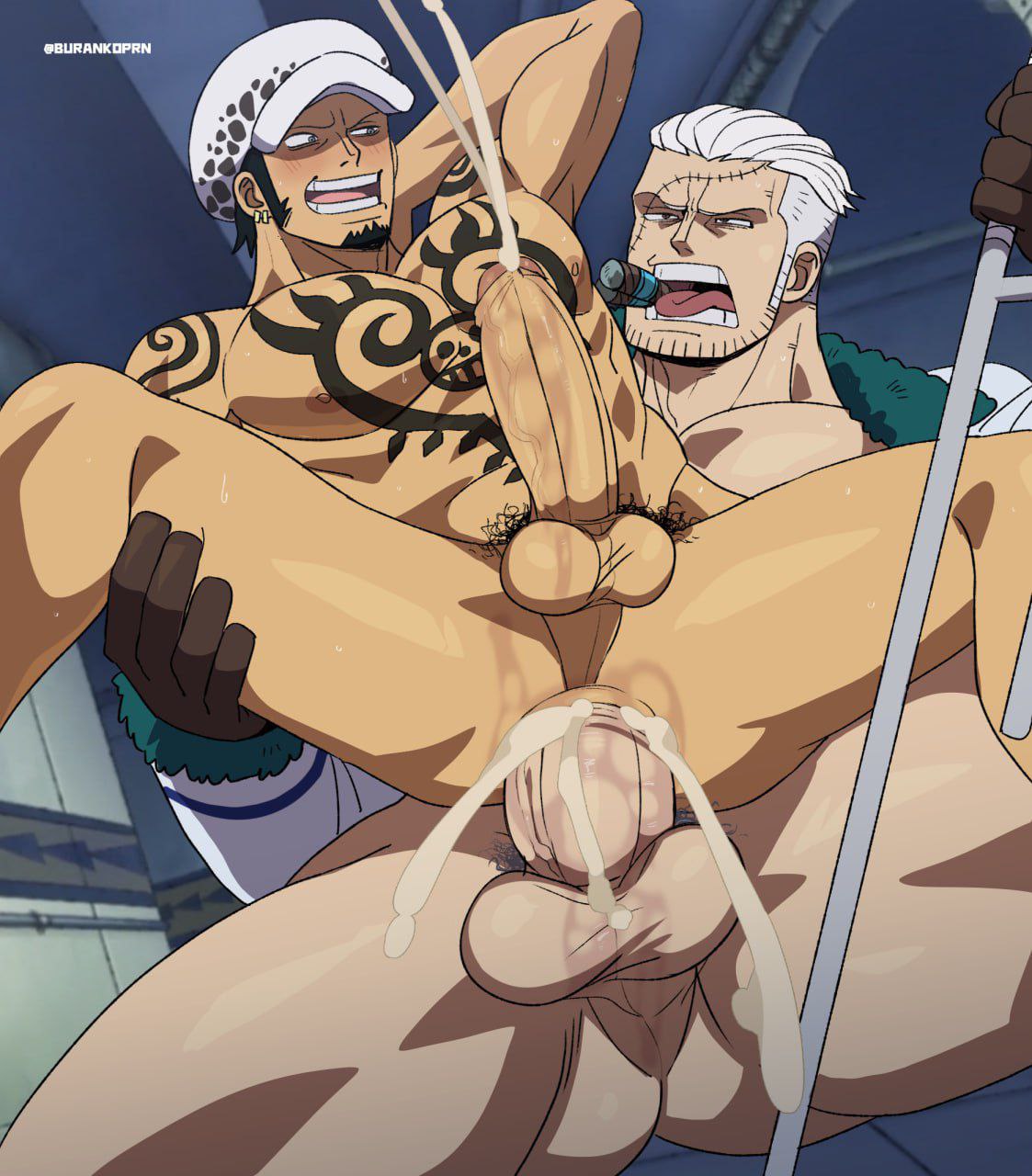 2boys after_oral ball_size_difference bara big_penis black_hair black_pubic_hair blowjob bottomless_male burankoprn cum cum_dripping_from_mouth cum_dripping_from_penis cum_in_ass cum_in_mouth cum_inside cum_on_foot cum_on_hand cum_while_sucking difference earrings ejaculation focus foreskin foreskin_folds gay green_hair green_pubic_hair hair headgear holding_penis legs_apart licking_cum male male_only no_pants one_piece oral_sex orgasm_face orgasm_from_oral outdoor_sex outdoors penis penis_size_difference pubes pubic_hair retracted_foreskin scar scar_on_face size_difference smoke straw_hat tongue_out trafalgar_law uncircumcised vest waistband white_shirt yaoi