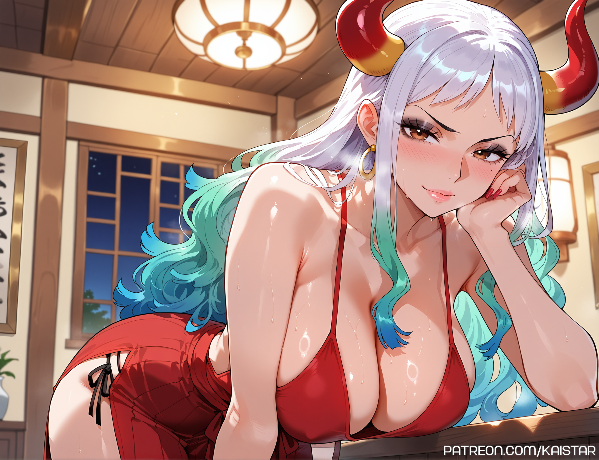 1girls, ai generated, bending forward, bending over, bent over, big breasts, black eyeshadow, breasts, brown eyes, cleavage, clothing, female, female only, green hair, horns, huge boobs, huge breasts, kaistar, large boobs, large breasts, light skin, light-skinned female, looking at viewer, multicolored hair, one piece, patreon, red fingernails, red nails, solo, solo female, solo focus, white hair, white skin, white-haired female, yamato (one piece)