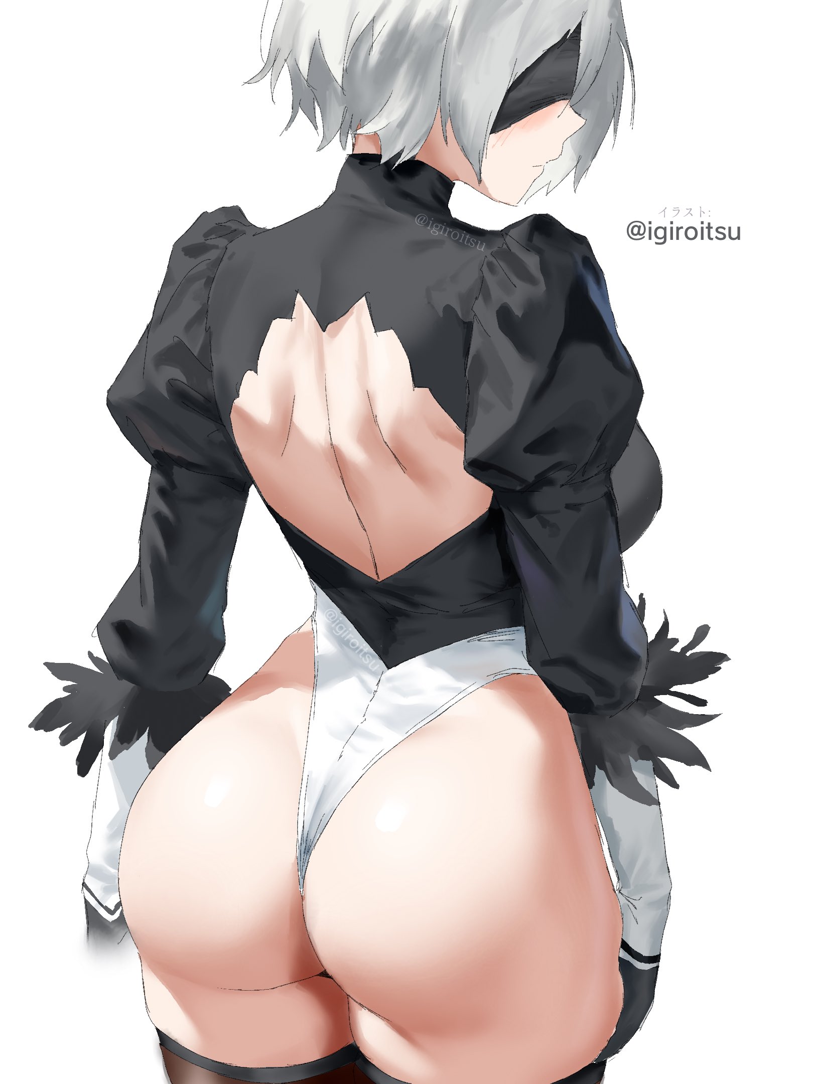 2d, 2d (artwork), ass, ass focus, back cutout, black gloves, black thighhighs, blindfold, clothing cutout, female, female only, gloves, grey hair, highres, igiroitsu, leotard, long sleeves, multicolored leotard, nier (series), short hair, simple background, solo, thighhighs, thong leotard, two-tone leotard, white background, yorha 2b