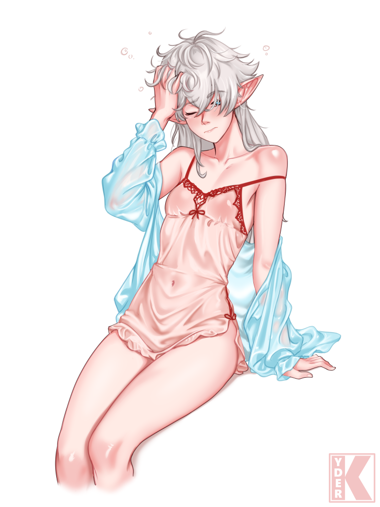 alisaie_leveilleur blue_clothing blue_eyes collarbone color elezen elf elf_ears elf_female female final_fantasy final_fantasy_xiv hair_undone holding_head kyder lingerie lingerie_only lips long_hair loose_hair negligee nightgown nightie red_clothing robe sitting sleepy small_breasts solo, strap_slip translucent_clothing waking_up white_background white_hair
