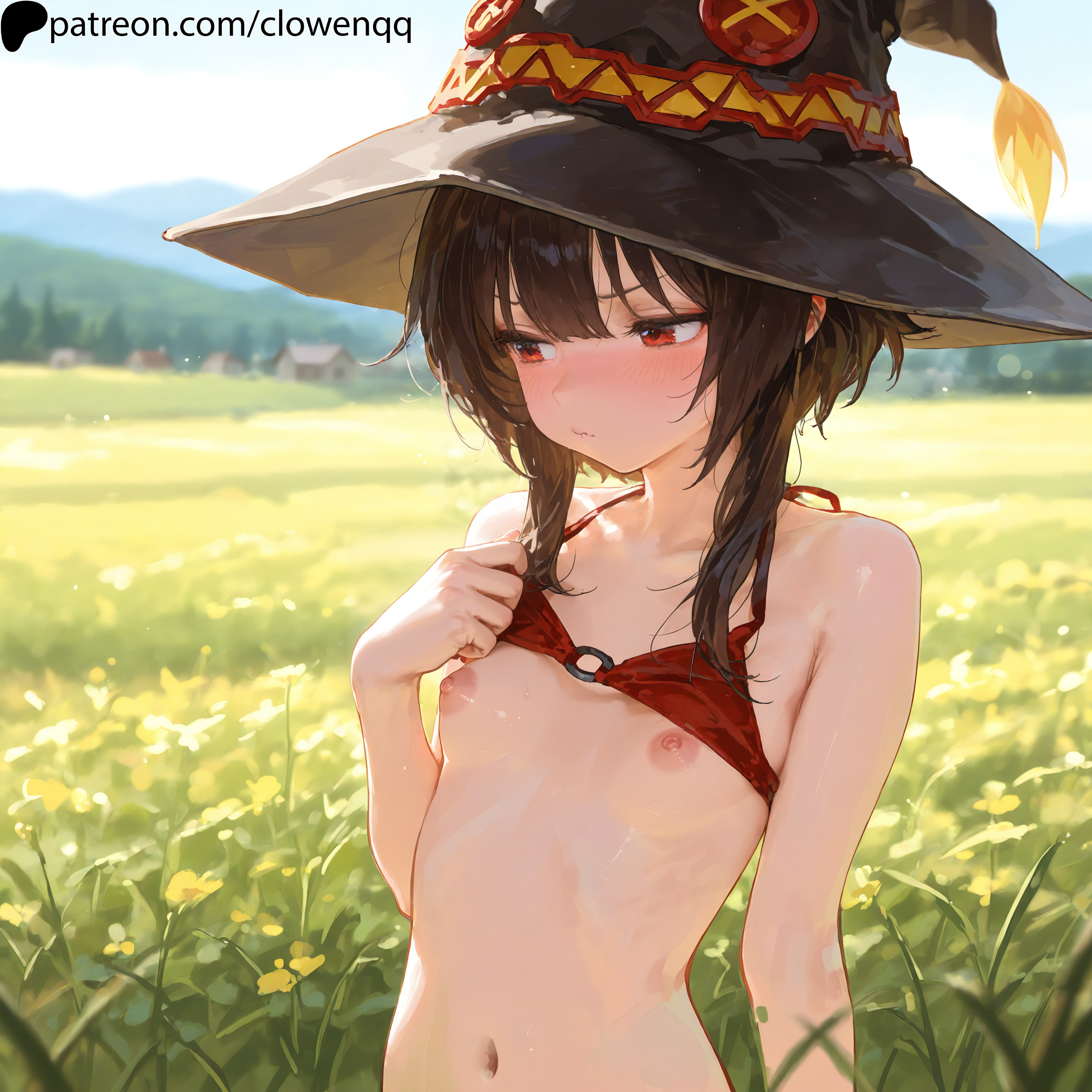 1girls, ai assisted, ai generated, areola, areolae, bikini top, blush, breasts, brown hair, closed mouth, clowenqq, exposed breasts, female, female focus, female only, kono subarashii sekai ni shukufuku wo!, looking away, megumin, nipples, outdoors, petite, petite body, petite female, presenting, presenting breasts, red eyes, small breasts, solo, solo female, solo focus, standing, witch hat