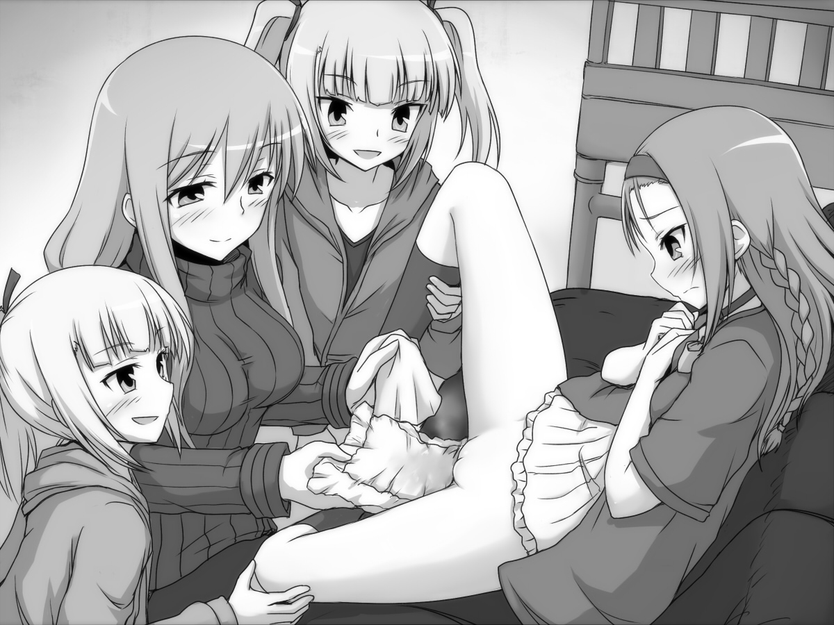 blush, diaper, diaper change, female, monochrome, multiple females, multiple girls, pussy, spread legs, uncensored