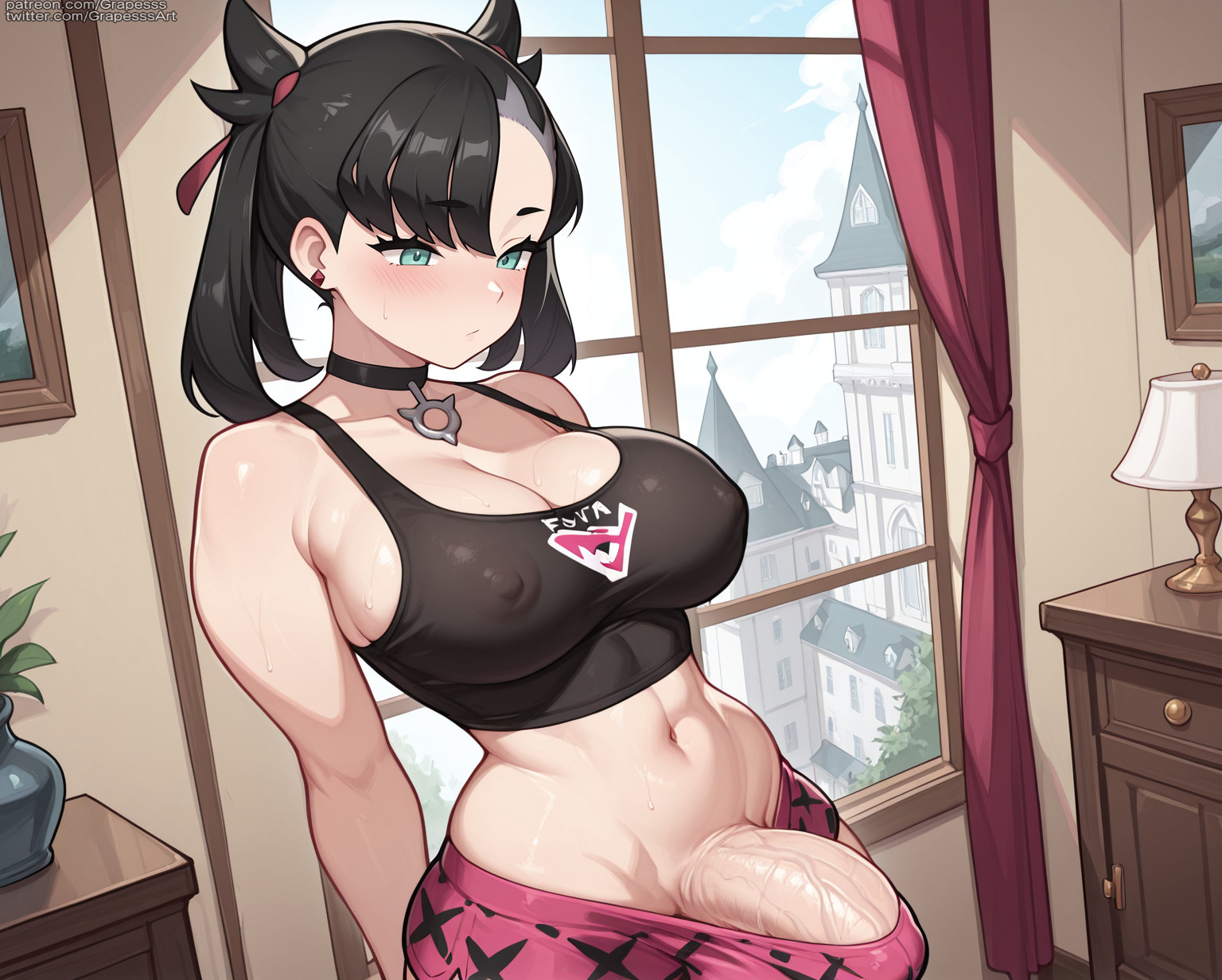 ai generated, alternate breast size, black hair, blush, breasts, futanari, grapesss, intersex, large breasts, light skin, light-skinned futa, marnie (pokemon), navel, pokemon, pokemon ss
