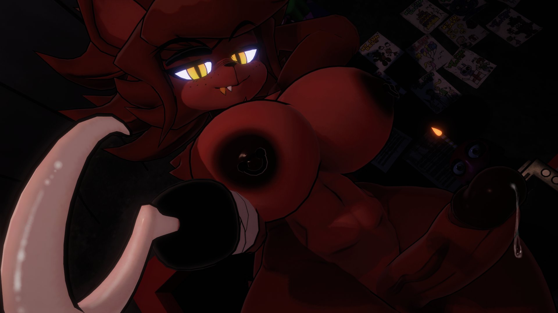 1futa, 3d, anthro, arms up, armz behind head, big breasts, big penis, breasts, cum, fexa, five nights at freddy's, fnaf, foxy (cally3d), foxy (fnaf), fredina's nightclub, futa only, futanari, intersex, looking at viewer, penis, pierced nipples, pointing, pointing at viewer, sloppydragons, smile, smiling, smiling at viewer, solo, tagme, vrchat, wide hips