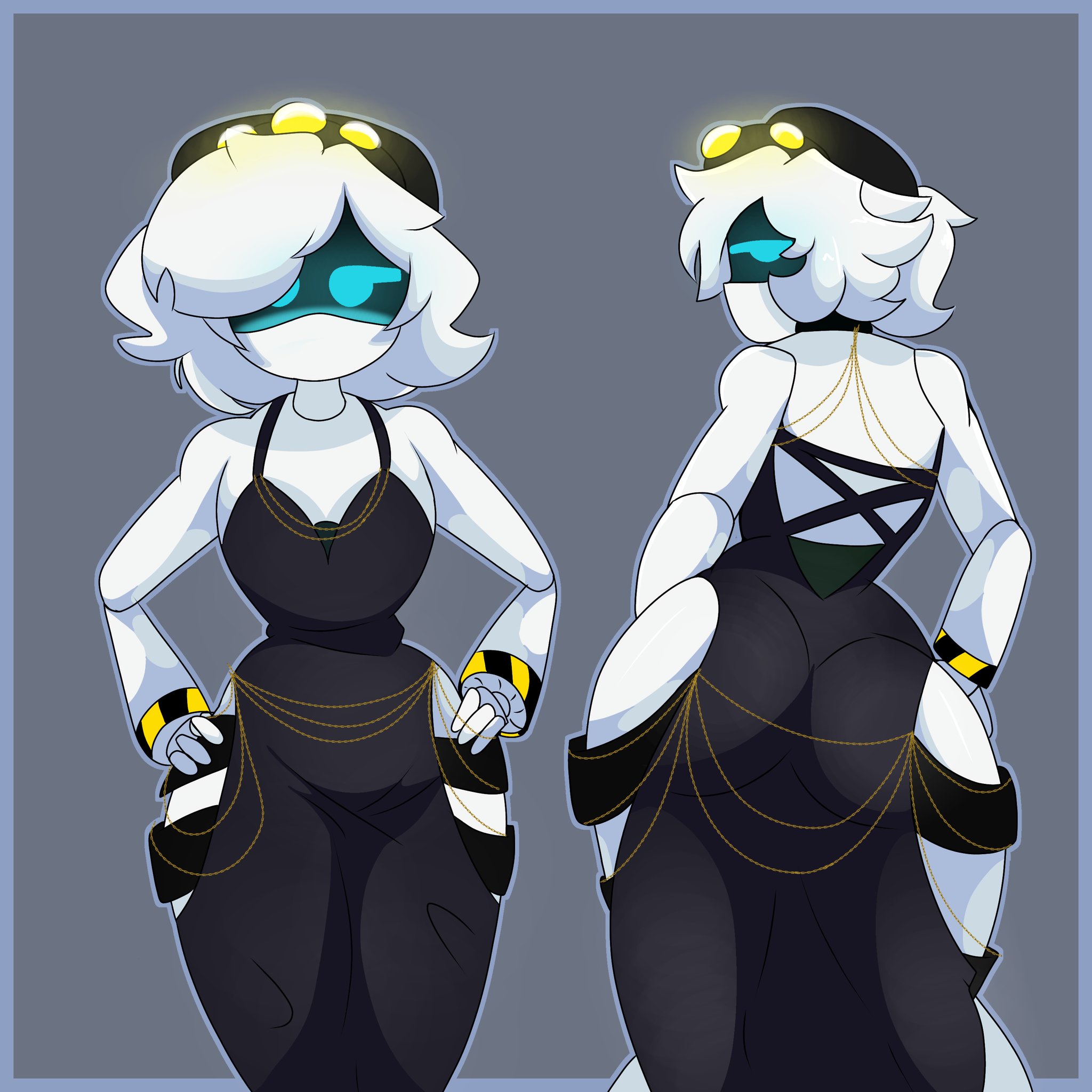 1girls, ass, ass focus, commission, dress, drone, female, female only, glitch productions, hip grab, looking at viewer, looking back at viewer, masked female, modakawa dress, murder drones, murder drones oc, no artist signature, no nostrils, noseless, oc character, posing, request, tagme, tannicfer