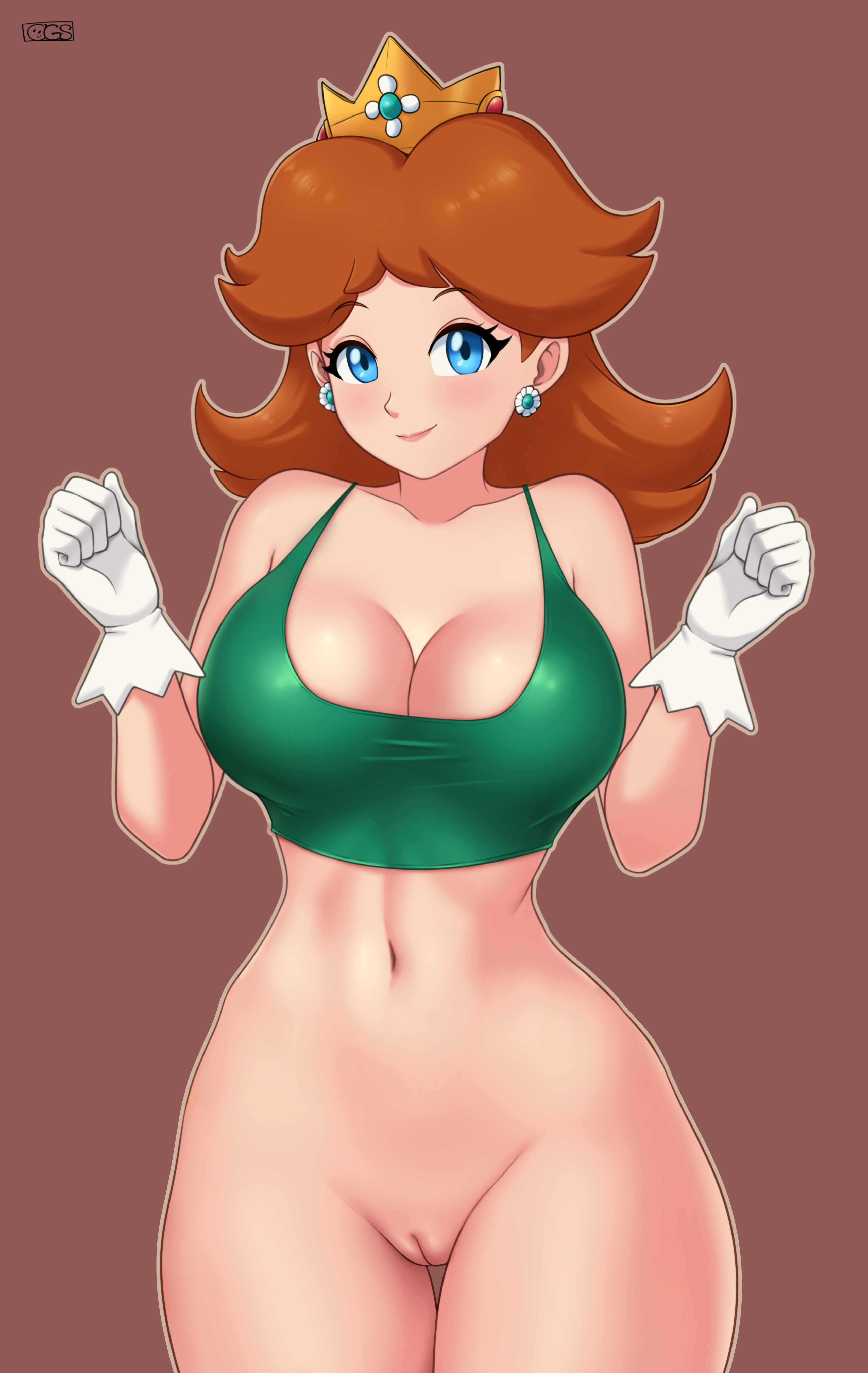 1girls, big breasts, blue eyes, bottomless, bottomless female, bra only, breasts, brown hair, cleavage, clothing, crown, curvy, earrings, female, flower earrings, gloves, green bra, gummslime, large breasts, looking at viewer, mario (series), naked from the waist down, navel, nintendo, no panties, no pants, pants off, princess daisy, pussy, shaved pussy, short hair, smile, solo, solo female, solo focus, thick, vagina, vulva, white gloves