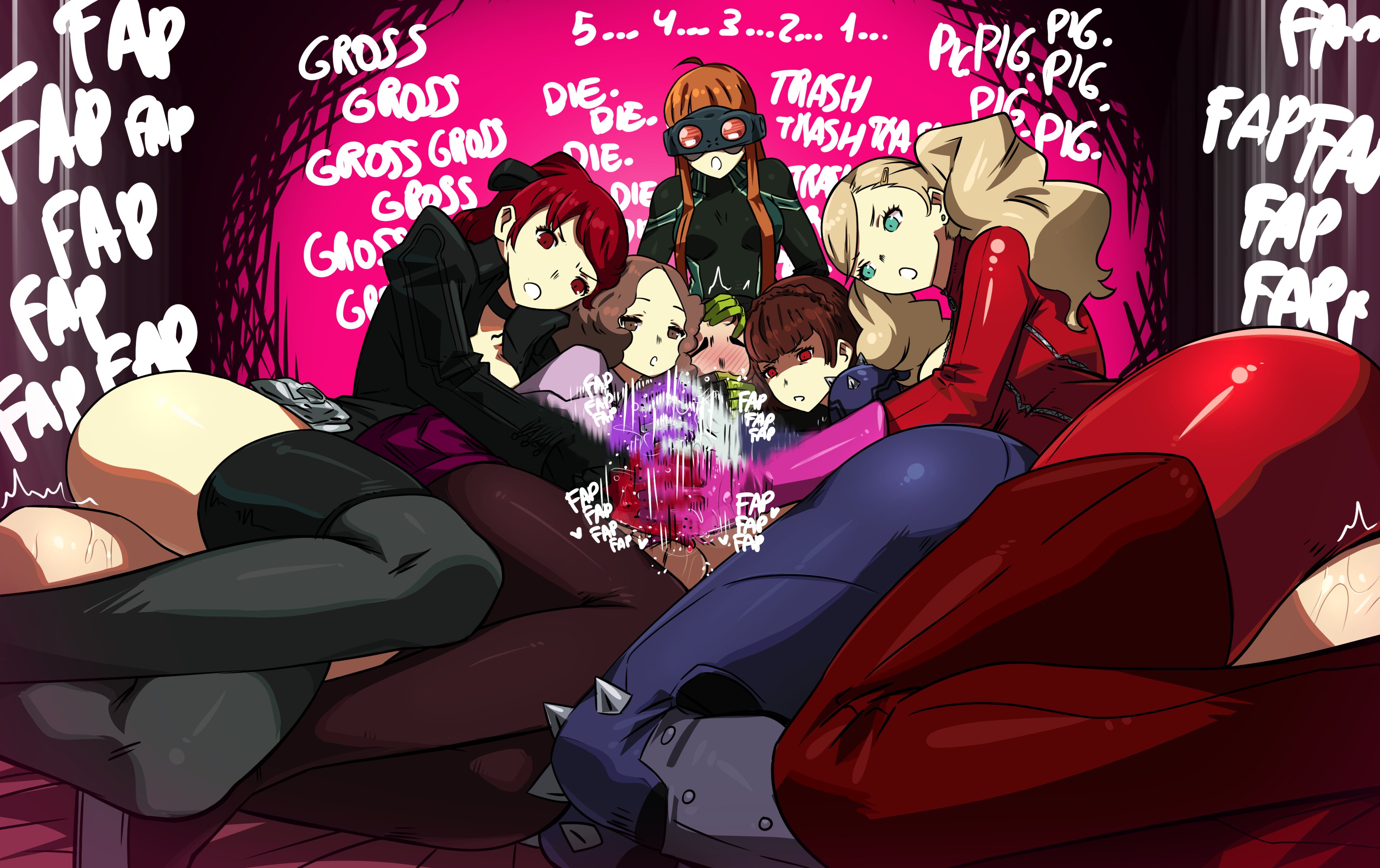 5girls, angry, angry face, angry sex, ann takamaki, ann takamaki (panther), annoyed, annoyed expression, blonde hair, brown hair, brunette, clothing, female, femdom, gloved handjob, gloves, group, group sex, handjob, haru okumura, haru okumura (noir), hate sex, human, kasumi yoshizawa, kasumi yoshizawa (violet), latex, makoto niijima, makoto niijima (queen), male, malesub, mosbles, multiple females, multiple girls, orange hair, pale skin, persona, persona 5, phantom thief suit, red hair, sakura futaba, sakura futaba (oracle), sumire yoshizawa, sumire yoshizawa (violet), twintails
