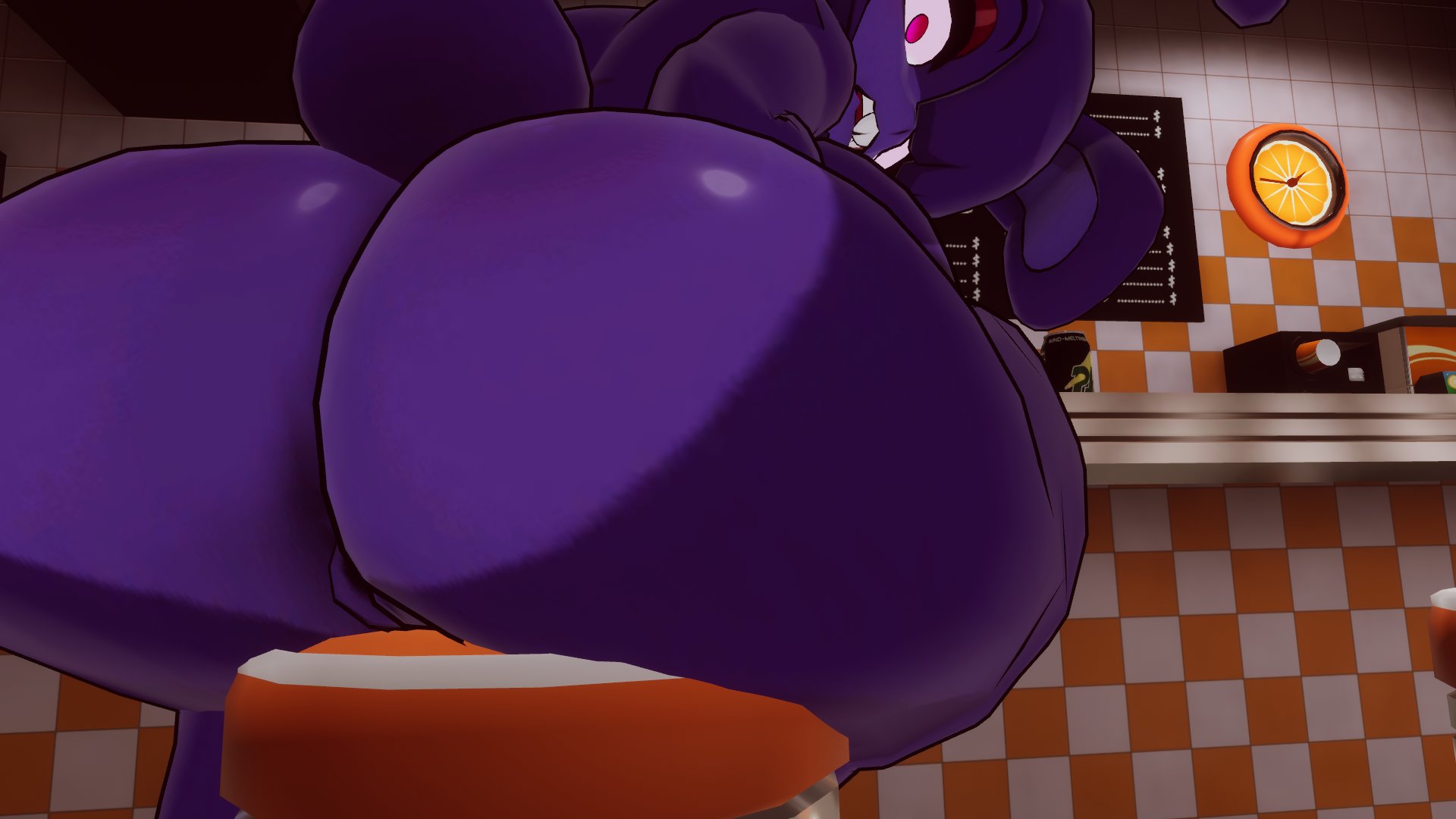1girls, 3d, anthro, ass, big ass, big breasts, bonfie, bonnie (cally3d), bonnie (fnaf), breasts, female, five nights at freddy's, fnaf, fredina's nightclub, from behind, furry, looking at viewer, looking back, pose, pussy, sitting, sitting on chair, sloppydragons, solo, tagme, tail, vrchat