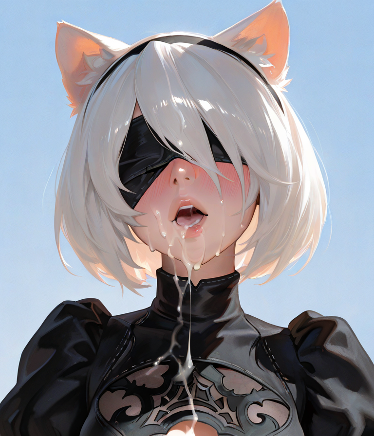 ai generated, blindfold, blush, cat ears, clothed, cum, cum in mouth, cum on body, cum on face, facial, female, glossy lips, hairband, nier (series), nier: automata, open mouth, parted lips, plopendil, short hair, white hair, yorha 2b