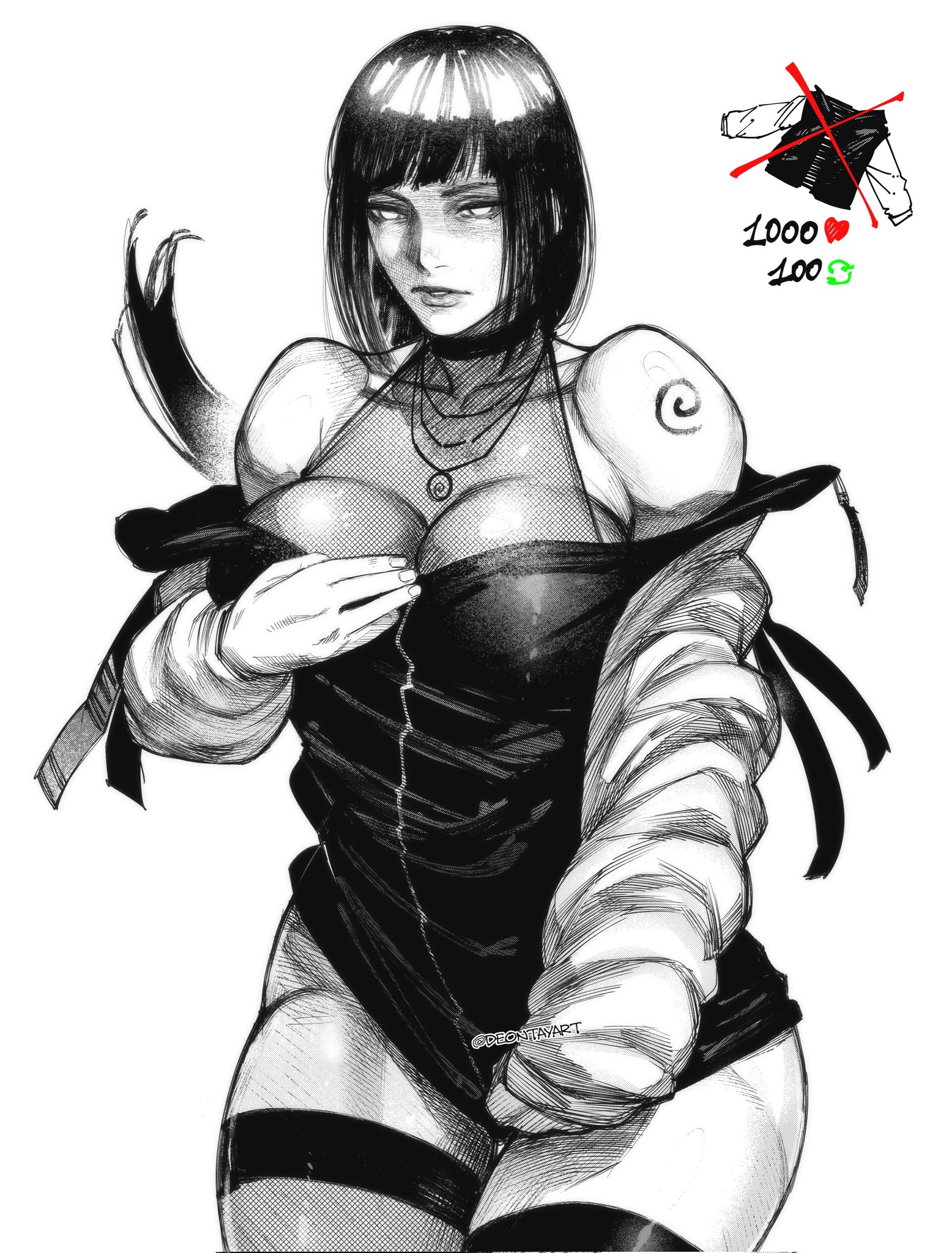 1girls, arm tattoo, asian female, bare shoulders, bare thighs, big breasts, bimbo, black and white, black hair, bob cut, boruto: naruto next generations, breasts, busty, child bearing hips, cleavage, clothed, clothing, curvaceous, curvaceous female, curvaceous figure, curves, curvy, curvy body, curvy female, curvy figure, curvy hips, deontayart, female, female focus, female only, fishnet, fishnet shirt, fishnets, hi res, high resolution, highres, hinata hyuuga, hips, hoodie, hourglass figure, hyuuga hinata, jacket, japanese female, jewelry, large breasts, legwear, lips, lipstick, makeup, mature, mature female, medium hair, milf, mommy, mommy kink, mommy milkers, monochrome, naruto, naruto (series), necklace, no panties, perky breasts, pinup, pose, posing, realistic, shonen jump, shoulder length hair, shounen jump, shueisha, skimpy, skimpy clothes, solo, solo female, solo focus, standing, tattoo, thick thighs, thighhighs, thighs, thunder thighs, undressing, uzumaki hinata, uzumaki symbol, very high resolution, weekly shonen jump, weekly shounen jump, white background, white eyes, wide hips